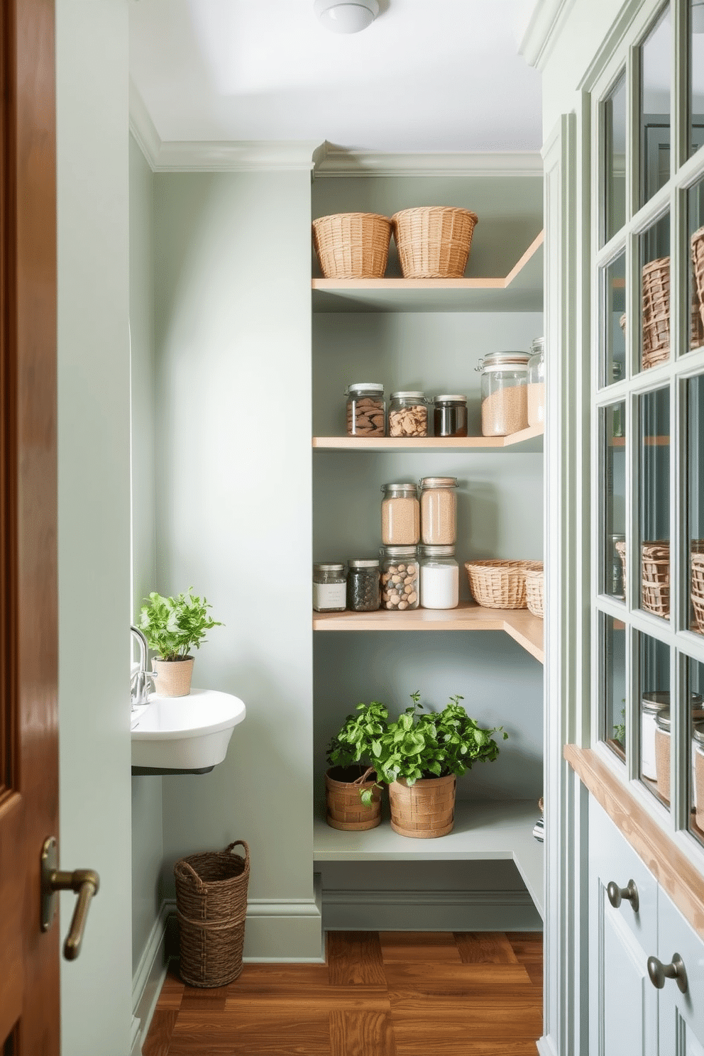 A serene pantry space featuring soft sage green walls that create a calming atmosphere. The shelves are filled with neatly organized jars and baskets, adding a touch of warmth and functionality to the design. Incorporate wooden accents, such as a rustic countertop and open shelving, to enhance the natural feel of the space. A small herb garden sits on the windowsill, bringing life and freshness to the pantry while complementing the soothing color palette.