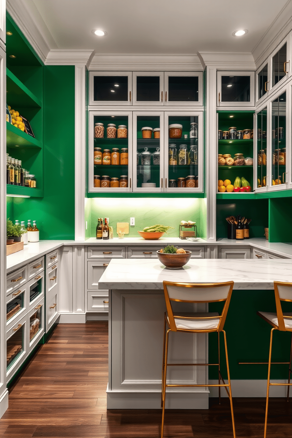 A bold emerald green pantry features sleek white cabinetry with elegant trim, creating a striking contrast. The space is illuminated by warm, recessed lighting, highlighting the organized shelves filled with glass jars and fresh produce. A large, white marble island sits in the center, providing ample workspace for meal prep. Stylish bar stools with gold accents line one side, inviting family and friends to gather in this vibrant culinary oasis.