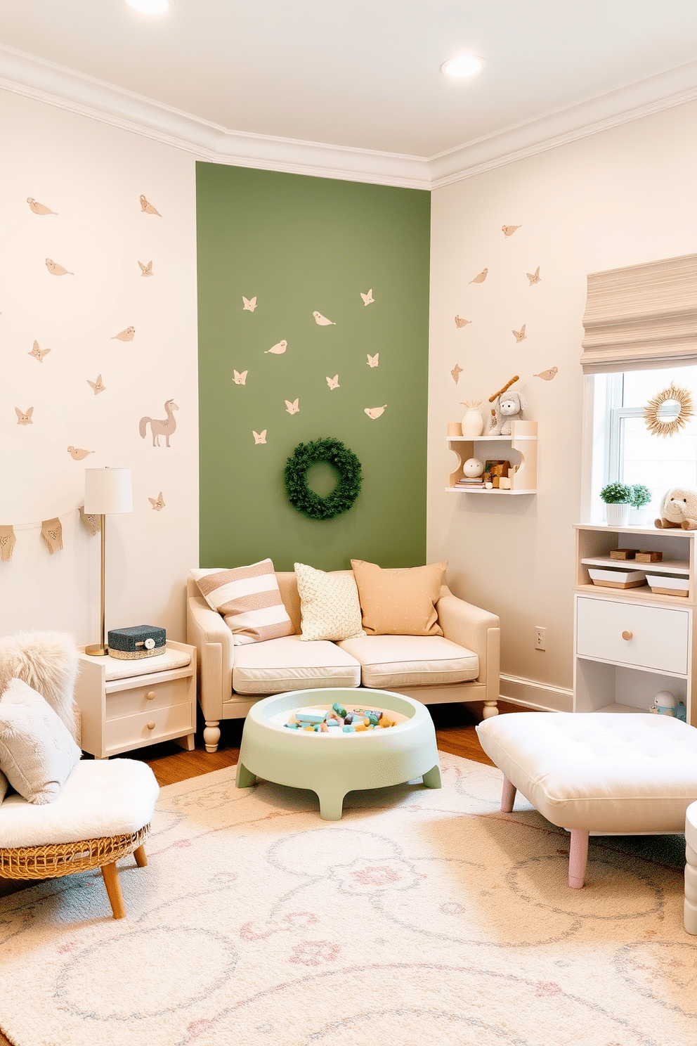 A playful playroom featuring a sage green accent wall adorned with whimsical wall decals and soft, neutral decor. Plush seating options in light beige and pastel colors create a cozy atmosphere, while a colorful rug defines the play area.