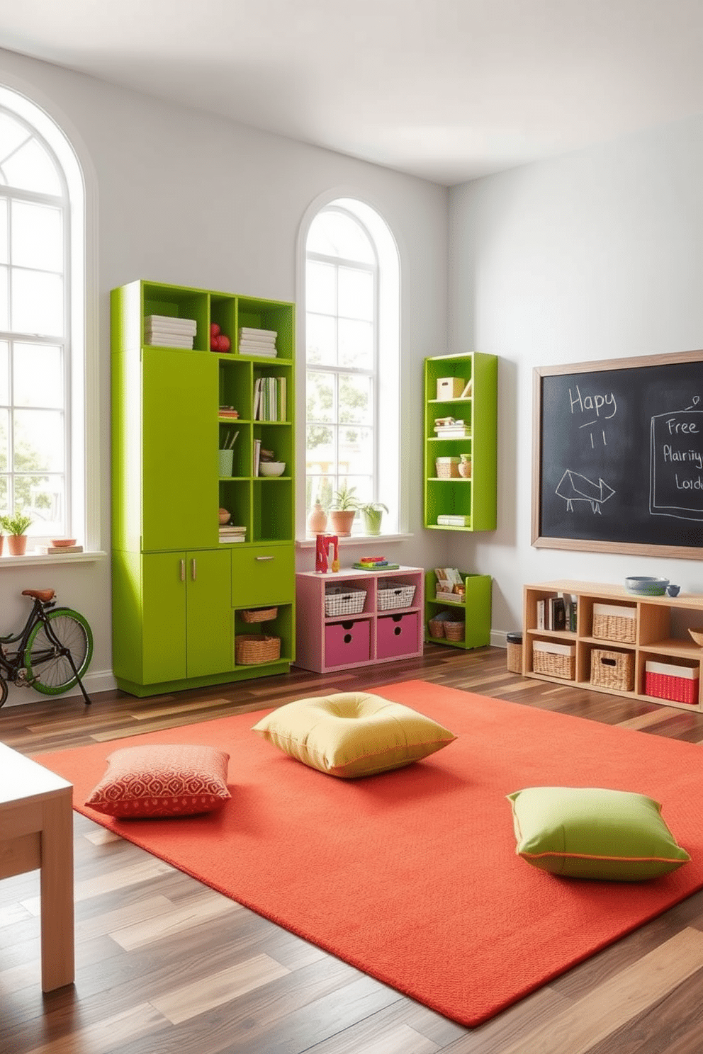 A playful playroom featuring wall-mounted storage in vibrant green hues. The storage units are designed with a mix of open shelves and closed cabinets, providing both functionality and a splash of color. Brightly colored rugs and cushions create a cozy area for play, while a chalkboard wall invites creativity. Large windows allow natural light to flood the space, enhancing the cheerful atmosphere.