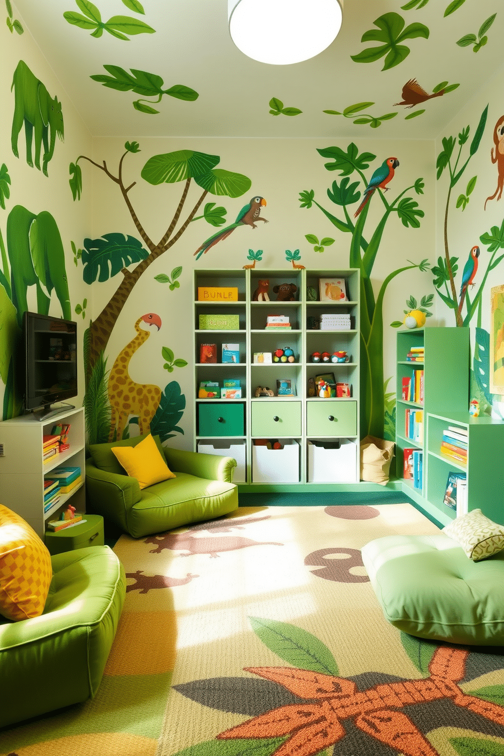 A vibrant playroom filled with playful green art depicting various jungle animals. The walls are adorned with colorful murals of elephants, monkeys, and parrots, creating an adventurous atmosphere for children. Soft, plush seating in shades of green and yellow invites kids to relax and play. A large area rug with a jungle theme anchors the space, while shelves filled with toys and books add a sense of organization and fun.