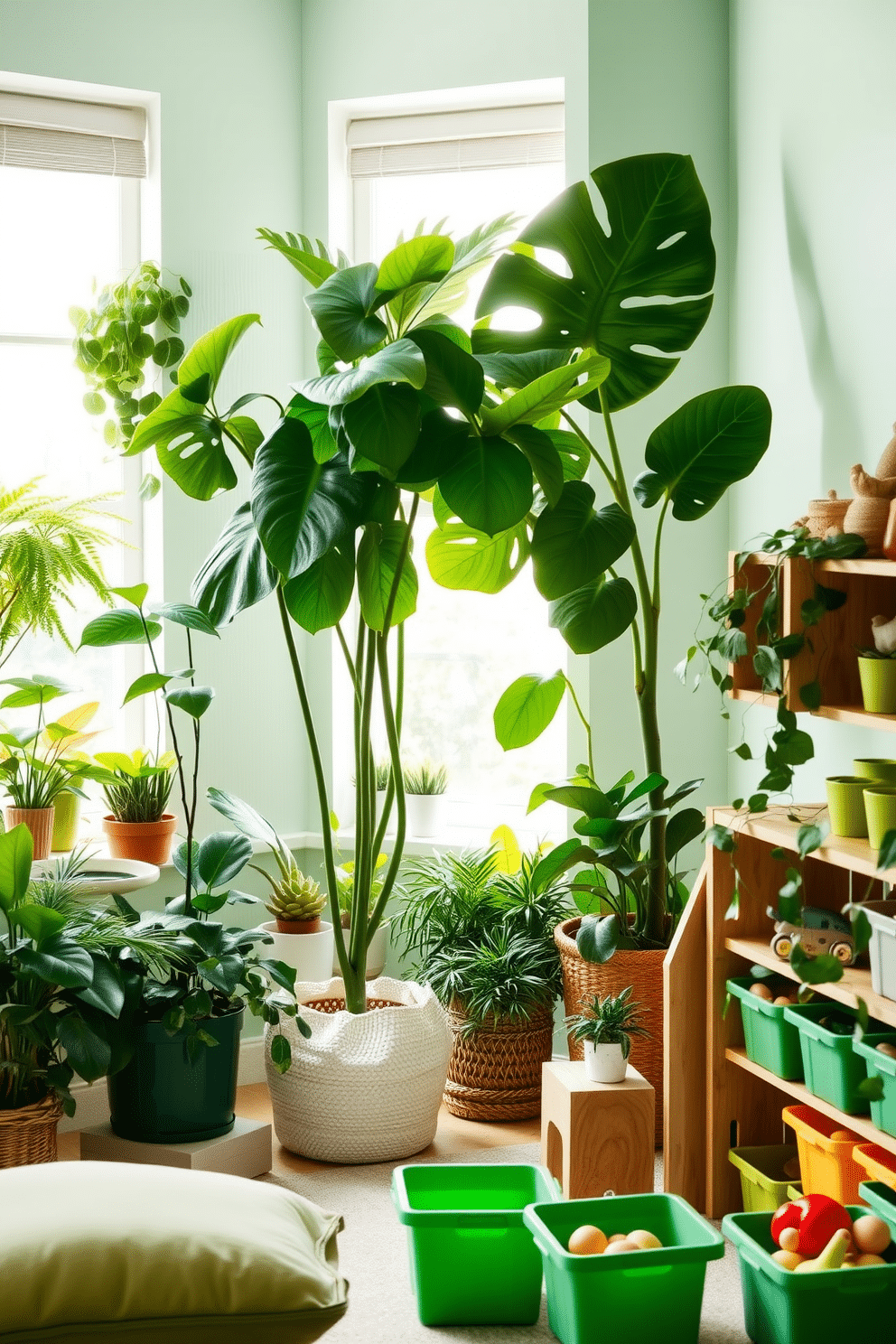 Lush indoor plants create a vibrant and refreshing atmosphere, with various species like ferns, pothos, and snake plants arranged throughout the space. A large fiddle leaf fig stands in the corner, while smaller pots of succulents adorn the windowsill, enhancing the natural light streaming in. For the green playroom design, envision a playful space filled with soft, eco-friendly furnishings in shades of green and natural wood accents. The walls are painted in a soft mint hue, and colorful storage bins filled with toys are neatly organized, creating an inviting and cheerful environment for children to explore and play.