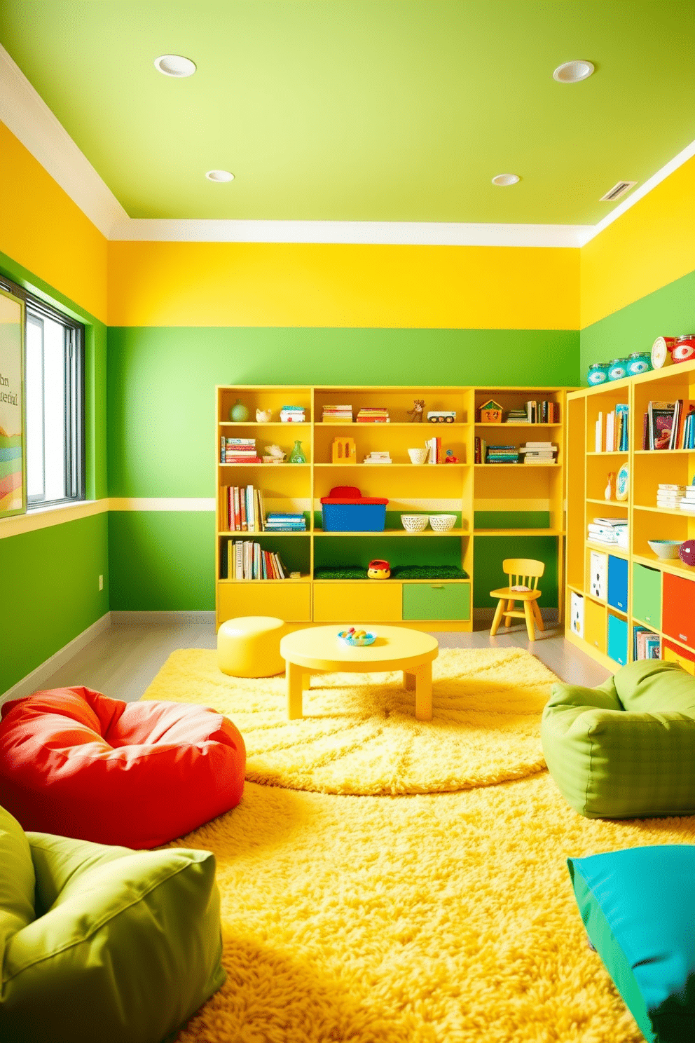 A vibrant playroom featuring green and yellow color-blocked walls that create a cheerful and energetic atmosphere. Soft, plush rugs in coordinating colors cover the floor, providing a comfortable space for children to play. Brightly colored furniture, including a low table and bean bags, invites creativity and collaboration among kids. Shelves filled with books and toys line the walls, enhancing the playful environment while keeping the space organized.