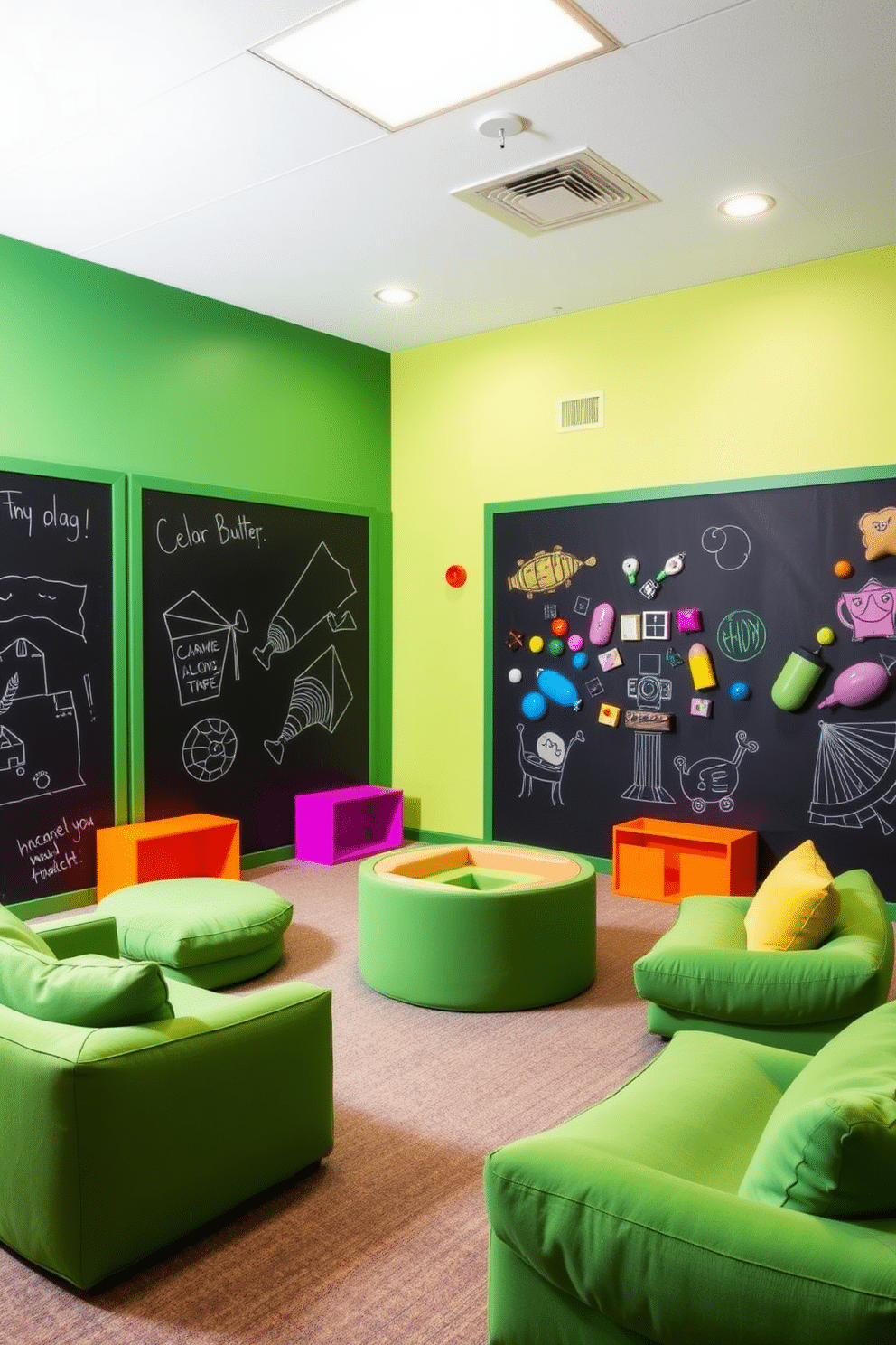 A vibrant playroom designed for interactive wall games features walls painted in various shades of green, creating a lively and inviting atmosphere. The room includes a combination of chalkboard paint and magnetic panels, allowing children to engage in creative play while enhancing their cognitive skills. Soft, plush seating in coordinating green hues is arranged around a central activity area, providing comfort and flexibility for playtime. Brightly colored storage bins are strategically placed to keep toys organized, while playful wall decals add a whimsical touch to the overall design.