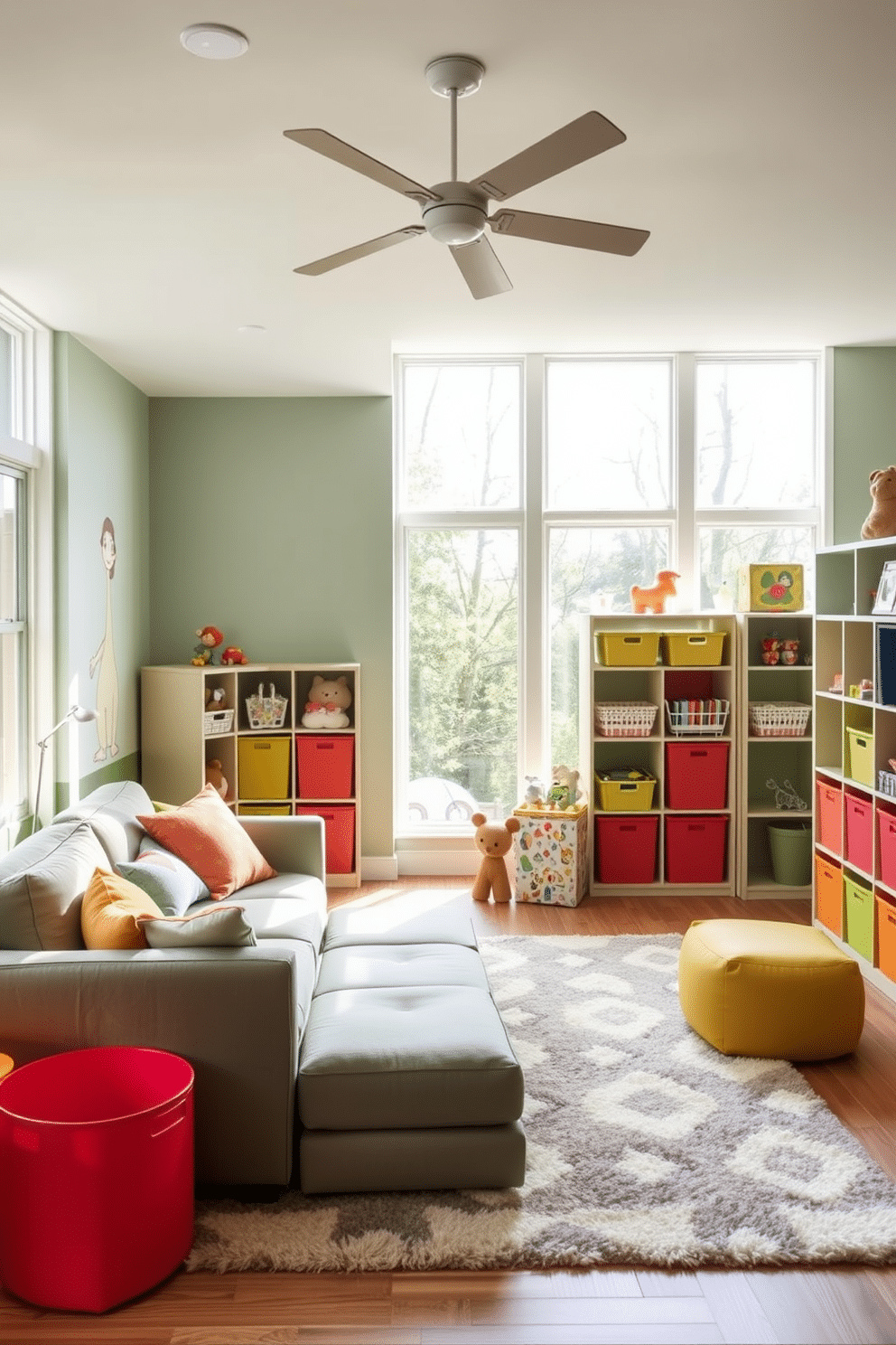 A serene playroom featuring sage green furniture that invites relaxation and creativity. The space includes a plush sage green sofa, accented with colorful cushions, and a soft area rug that adds warmth underfoot. Brightly colored storage bins and shelves are arranged to keep toys organized and accessible. A playful mural on one wall adds a whimsical touch, while natural light floods the room through large windows, enhancing the tranquil atmosphere.