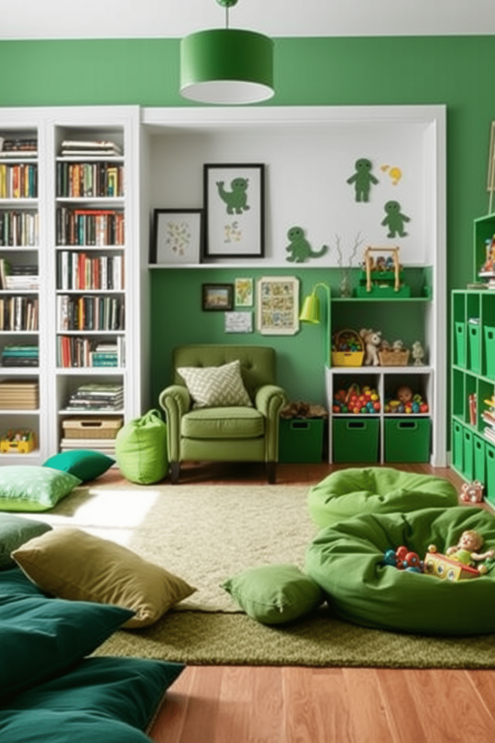 A green-themed book nook featuring a comfortable armchair surrounded by shelves filled with books. Soft, cozy cushions in various shades of green are scattered on the floor, inviting relaxation and reading. A vibrant playroom designed with playful green accents, including a large rug and bean bags. The walls are adorned with colorful artwork, and a variety of toys are neatly organized in green storage bins.