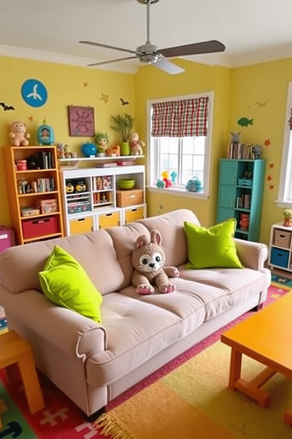 A vibrant playroom filled with energy and creativity. The focal point is a plush sofa adorned with bright green accent pillows, inviting comfort and playfulness. The walls are painted in a soft, cheerful yellow, complementing the lively atmosphere. Colorful rugs and wall decals enhance the playful theme, while shelves are filled with toys and books for endless entertainment.