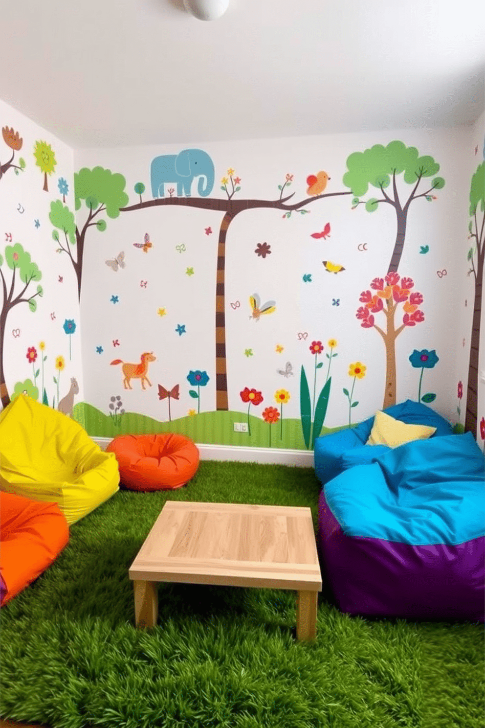 A vibrant playroom filled with nature-inspired decals that create a whimsical atmosphere. The walls are adorned with colorful trees, animals, and flowers, inviting creativity and exploration. The furniture includes a soft, green rug that mimics grass, paired with playful bean bags in bright colors. A low table made from natural wood serves as a space for arts and crafts, enhancing the room's organic feel.