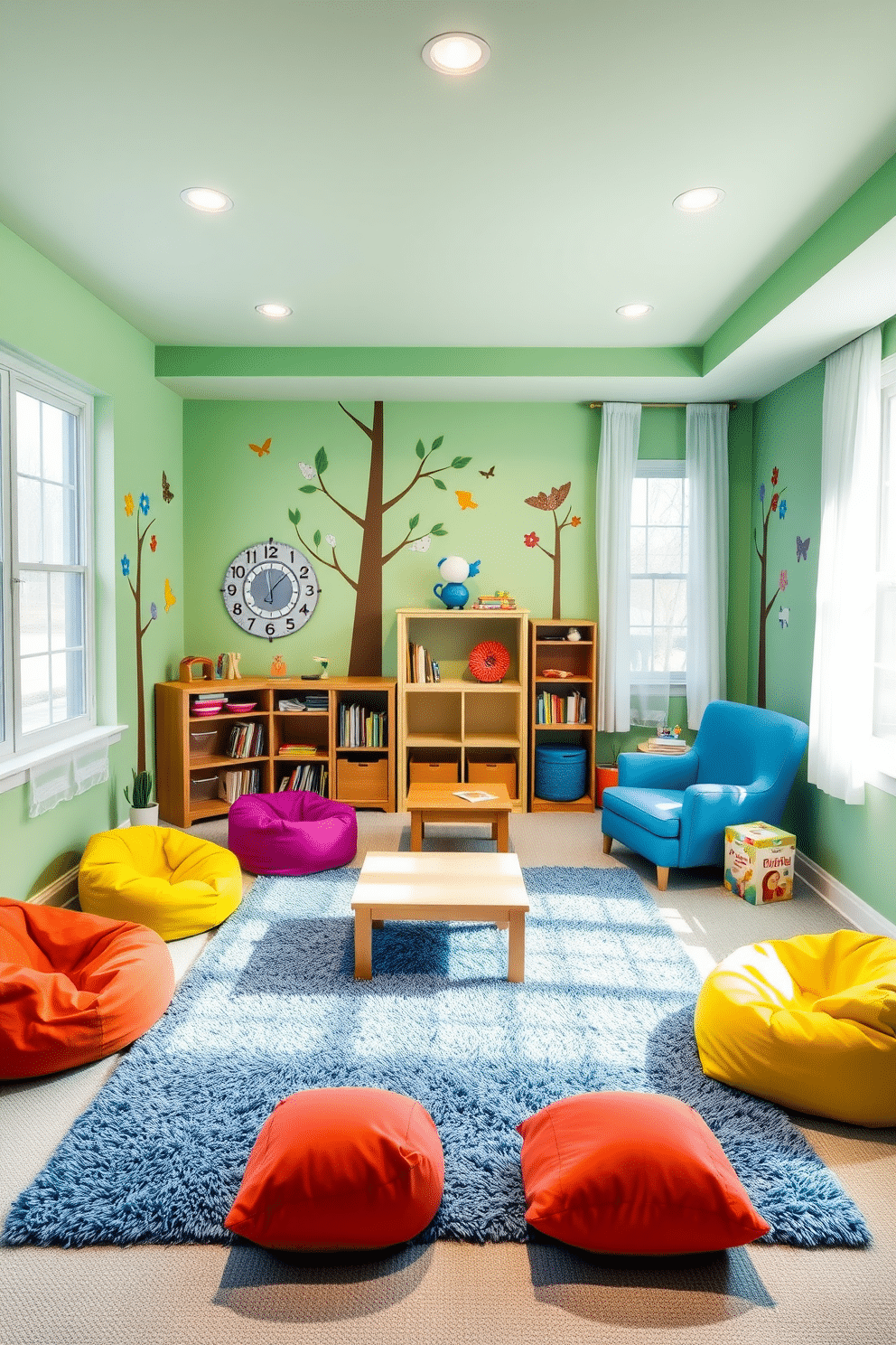 A vibrant playroom designed with a green and blue color palette, featuring walls painted in a soft mint green. The room includes a plush blue rug in the center, surrounded by colorful bean bags and a low wooden table for arts and crafts. Brightly colored wall decals of trees and animals add a playful touch, while a cozy reading nook with a blue armchair and a small bookshelf is tucked into one corner. Large windows allow natural light to flood the space, complemented by sheer white curtains that gently frame the view outside.