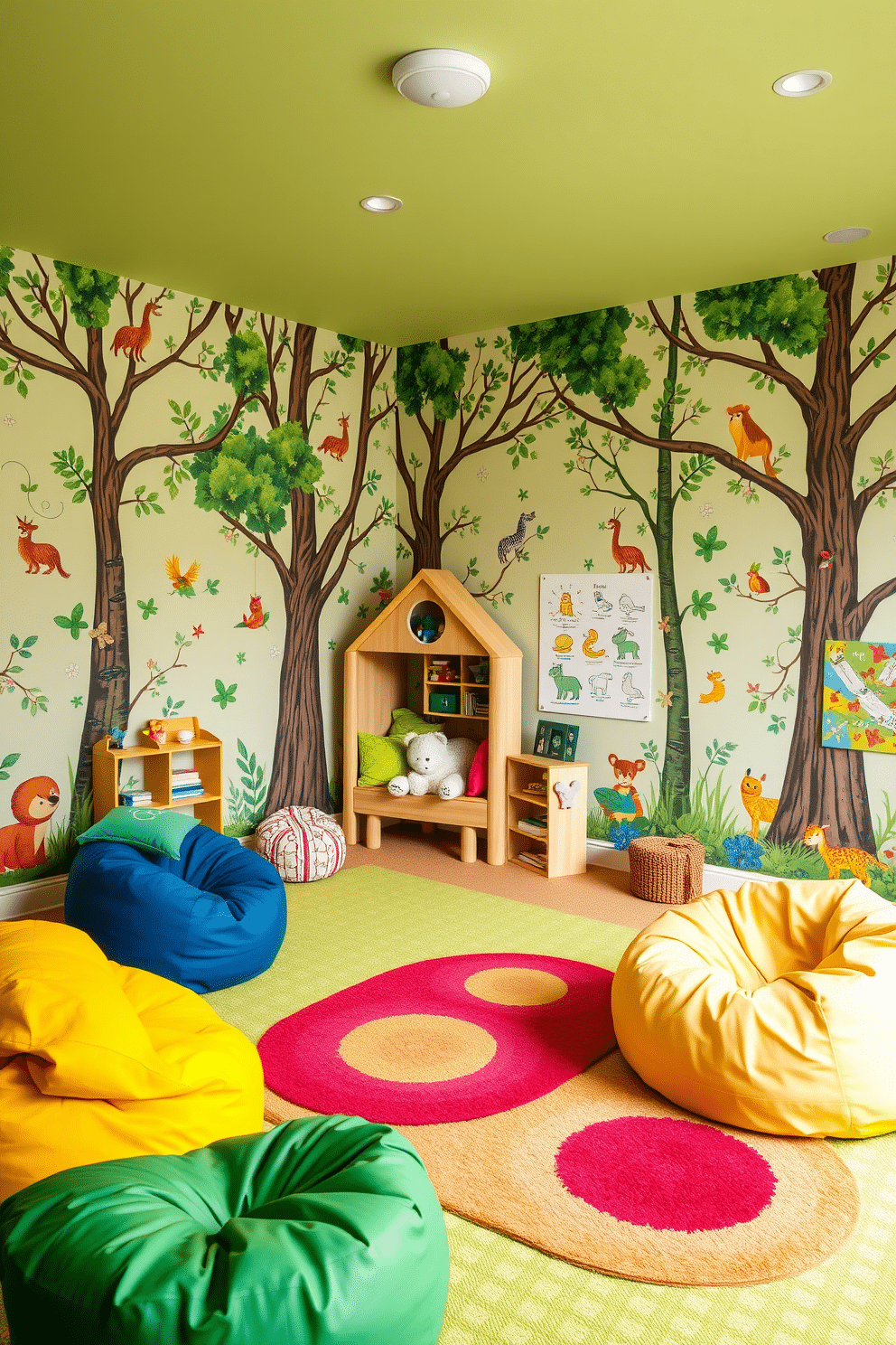 A vibrant playroom adorned with forest-themed wallpaper featuring whimsical animals and lush greenery. The space is filled with playful accents like colorful bean bags and a treehouse-inspired reading nook, creating an inviting atmosphere for children. The walls are painted in a soft green hue to complement the wallpaper, enhancing the natural theme. Brightly colored rugs and interactive wall art add a fun and engaging touch, making it a perfect place for imaginative play.