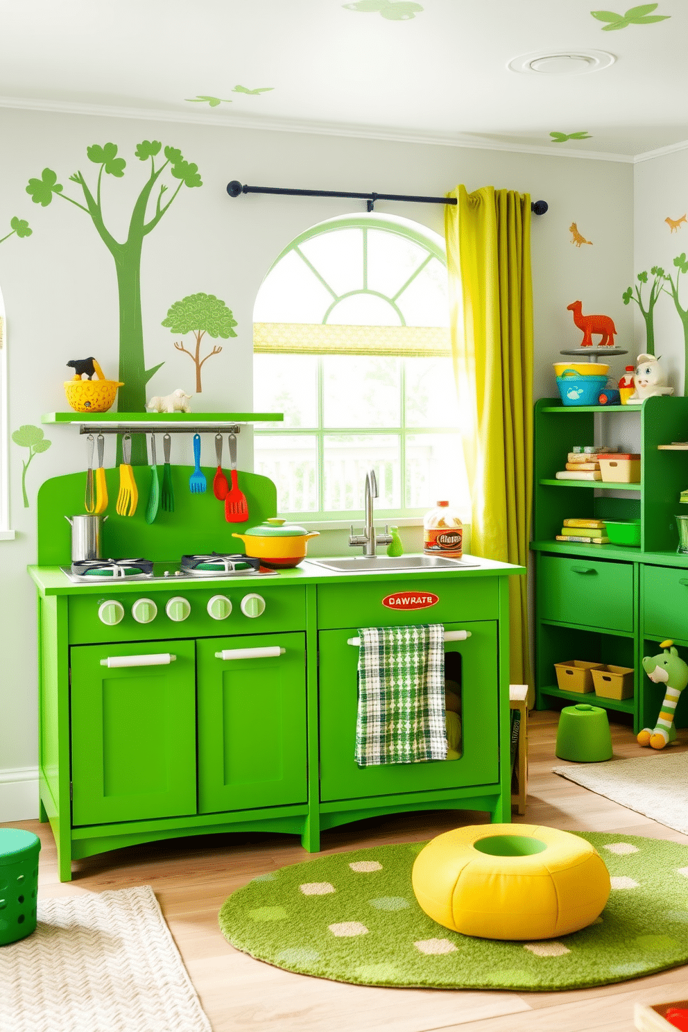 A vibrant green play kitchen designed for little chefs features a wooden play stove with realistic knobs and a sink, all in a cheerful shade of green. The kitchen is adorned with colorful accessories like pots, pans, and utensils, encouraging imaginative play in a bright and inviting space. The playroom is a whimsical green oasis, filled with soft rugs and playful furniture that invites creativity. Wall decals of trees and animals enhance the theme, while ample storage solutions keep toys organized and accessible for endless fun.