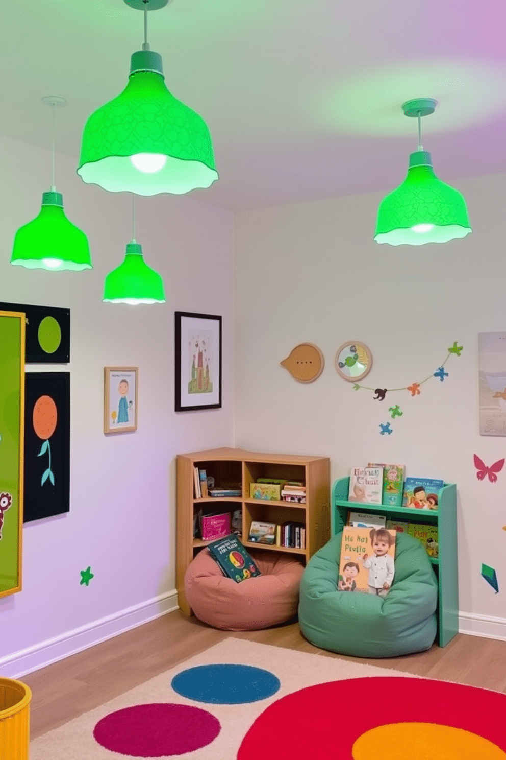 Whimsical green lighting fixtures hang from the ceiling, casting a playful glow across the room. The walls are painted in a soft pastel hue, adorned with colorful artwork and playful decals that inspire creativity. A cozy reading nook is tucked into one corner, featuring a plush bean bag and a small bookshelf filled with vibrant children's books. The floor is covered with a soft, multi-colored rug, providing a comfortable space for play and exploration.