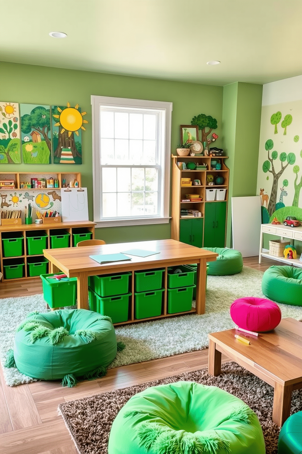 Art station with green storage bins. The space features a large wooden table with art supplies neatly organized in vibrant green storage bins. Brightly colored artwork adorns the walls, creating an inspiring atmosphere for creativity. Soft, plush rugs in various shades of green provide comfort underfoot, while natural light floods the room through large windows. Green playroom design ideas. The playroom includes a variety of playful furniture, such as bean bags and a low table, all in shades of green. A whimsical mural of trees and animals decorates one wall, while shelves filled with toys and books encourage imaginative play.