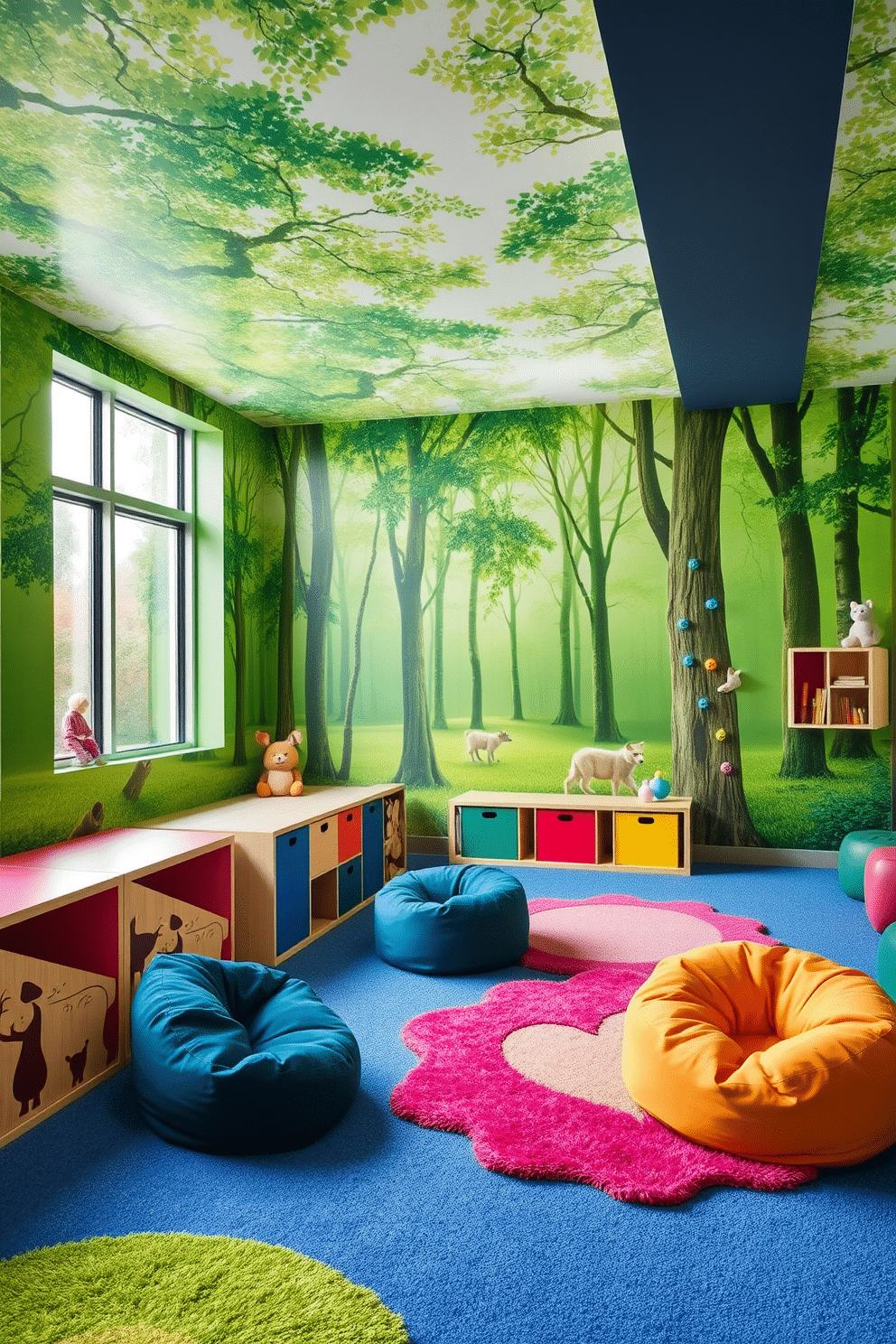 A vibrant playroom featuring green wall murals depicting lush forest scenes, creating an immersive nature experience for children. The space is filled with colorful, soft furnishings including bean bags and plush rugs, complemented by playful storage solutions shaped like trees and animals. The playroom incorporates large windows that allow natural light to flood in, enhancing the cheerful atmosphere. Interactive elements like a climbing wall and a small reading nook add to the fun and encourage creativity and exploration.