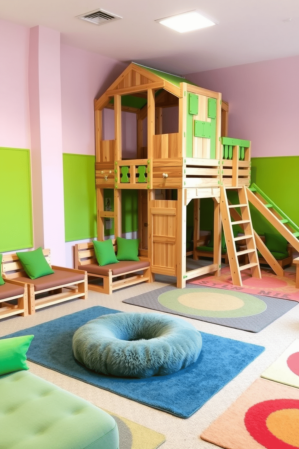 A vibrant playroom filled with wooden climbing structures featuring green accents. The walls are painted in a soft pastel shade, and colorful rugs cover the floor, creating a cheerful and inviting atmosphere. In one corner, a large wooden climbing frame is adorned with climbing holds and slides, encouraging active play. Surrounding the structure, plush seating areas with green cushions provide a cozy spot for relaxation and imaginative play.