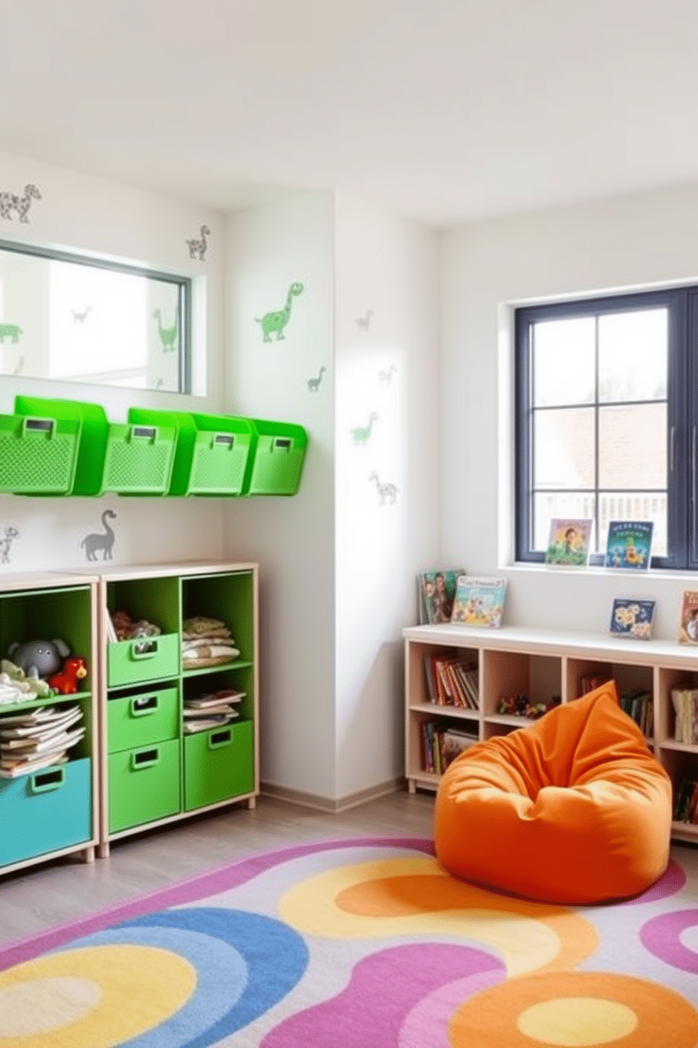 Bright green toy organizers are strategically placed within reach, creating a playful and functional environment. The walls are adorned with whimsical animal decals, and the floor is covered with a soft, colorful rug that invites play. A cozy reading nook features a small bookshelf filled with children's books, paired with a bean bag chair in vibrant hues. Large windows allow natural light to flood the space, enhancing the cheerful atmosphere of the playroom.