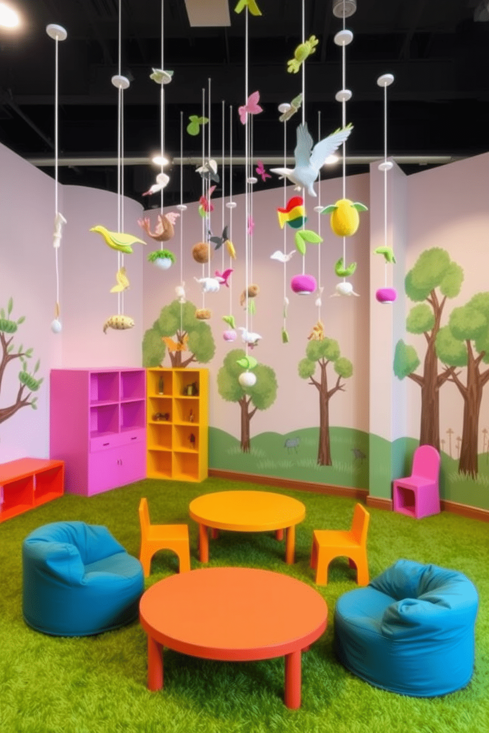 Nature-inspired mobiles hanging from the ceiling create a whimsical atmosphere in the playroom. Soft pastel colors dominate the space, with plush green carpeting that mimics a grassy meadow. The walls are adorned with playful murals of trees and animals, enhancing the natural theme. Brightly colored furniture, including a low table and bean bags, invites children to explore and play in a cozy environment.