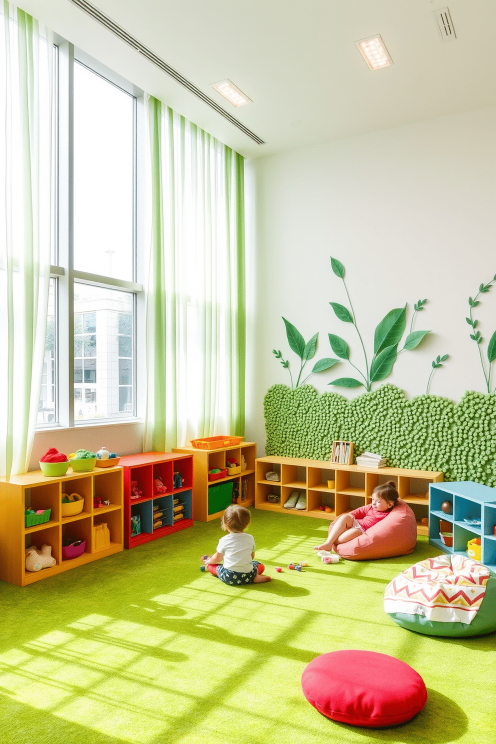 A vibrant sensory play area for kids, featuring soft green carpets and textured wall panels that stimulate touch and creativity. Colorful shelves filled with toys and sensory materials are arranged around the room, encouraging exploration and play. Large windows allow natural light to flood the space, with sheer curtains in a light green hue providing a playful atmosphere. A cozy reading nook with bean bags and greenery-inspired wall art invites children to relax and immerse themselves in stories.