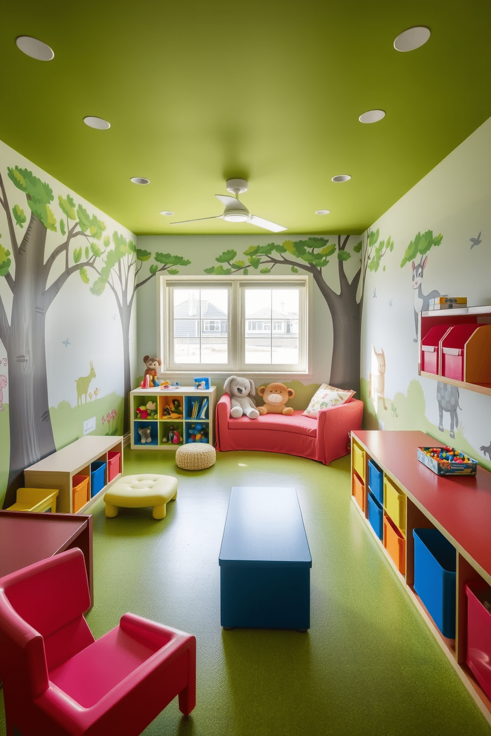 A playful and inviting playroom features soft green flooring that provides both comfort and safety for children. The walls are adorned with whimsical murals of trees and animals, creating a cheerful and imaginative atmosphere. Brightly colored furniture, including a cozy reading nook with plush cushions, encourages creativity and relaxation. Storage solutions are integrated seamlessly, with colorful bins and shelves that keep toys organized and accessible.