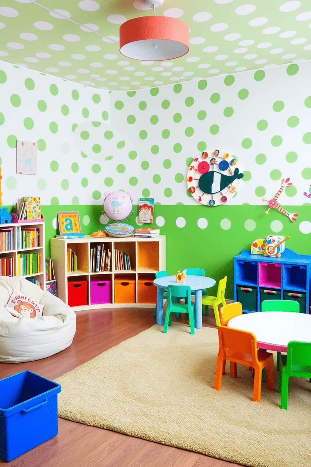 A playful playroom adorned with green and white polka dot wallpaper, creating a vibrant and cheerful atmosphere. The space features a cozy reading nook with a plush bean bag chair and colorful bookshelves filled with children's books. A multi-functional play area includes a large, soft rug for playtime and a low table surrounded by colorful chairs for arts and crafts. Brightly colored storage bins are neatly arranged to keep toys organized, while whimsical wall art adds a touch of creativity to the room.