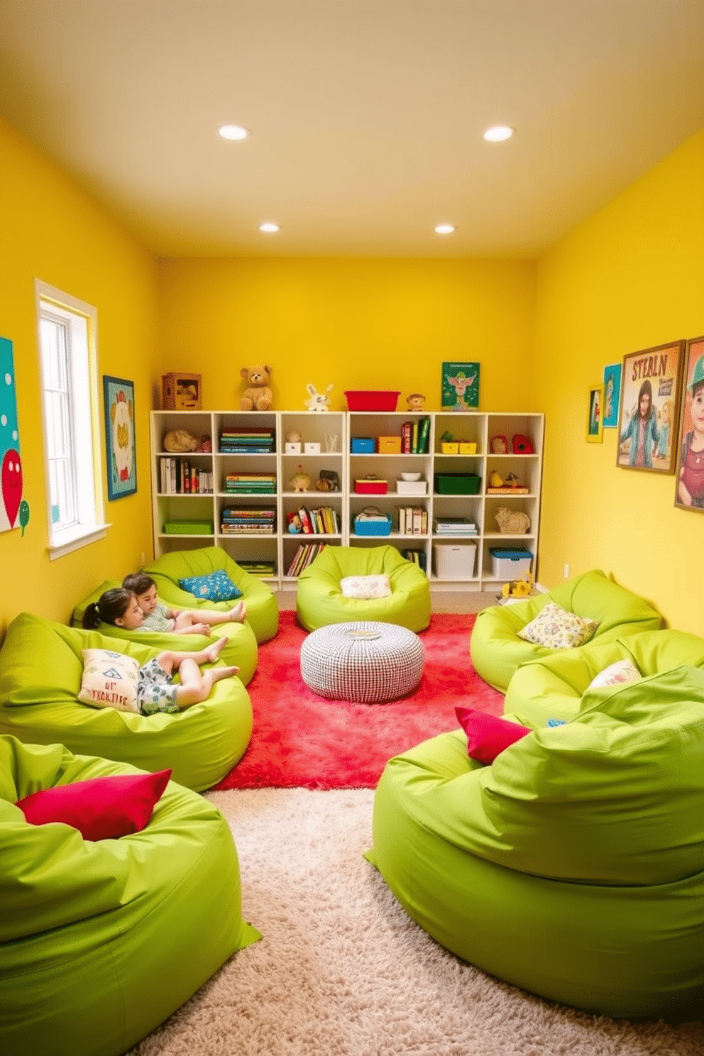 Bright green bean bags are arranged in a playful, inviting layout, creating a cozy seating area perfect for children. The walls are painted in a soft, cheerful yellow, and colorful artwork adorns the space, enhancing the vibrant atmosphere. The playroom features a soft, plush rug in bright colors to provide comfort during playtime. Shelves filled with toys and books are easily accessible, encouraging creativity and exploration in a fun, engaging environment.