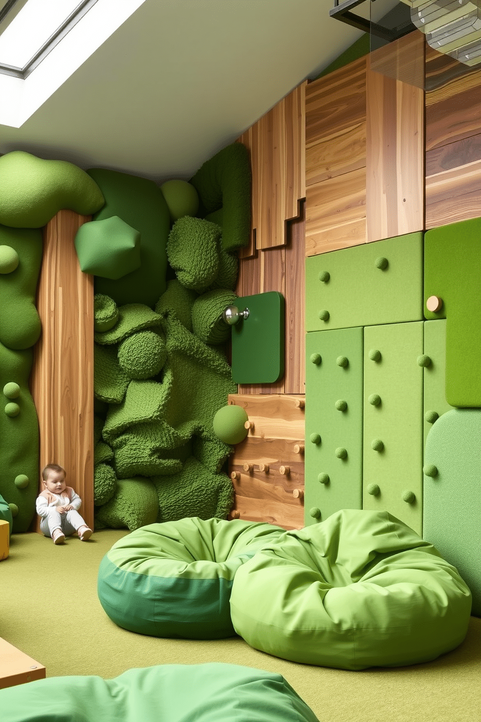 A vibrant playroom featuring an interactive play wall adorned with various green textures, including soft felt, wooden panels, and climbing elements. The space is filled with playful furniture, such as oversized bean bags and a cozy reading nook, inviting children to explore and engage with their surroundings.