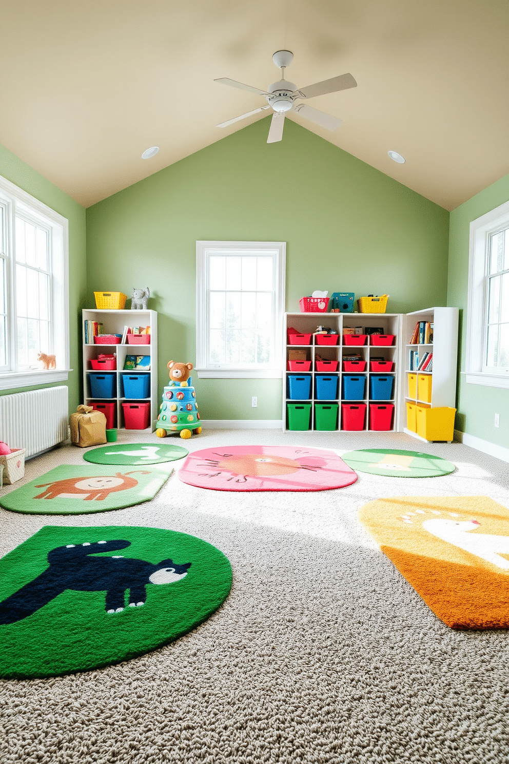 A cozy playroom filled with nature-inspired rugs featuring playful animal motifs. The walls are painted in a soft pastel green, and the floor is covered with a plush, textured carpet that complements the vibrant rugs. Brightly colored storage bins and shelves are arranged to hold toys and books, creating an organized yet inviting atmosphere. Large windows allow natural light to flood the room, enhancing the cheerful ambiance and making it a perfect space for creativity and play.