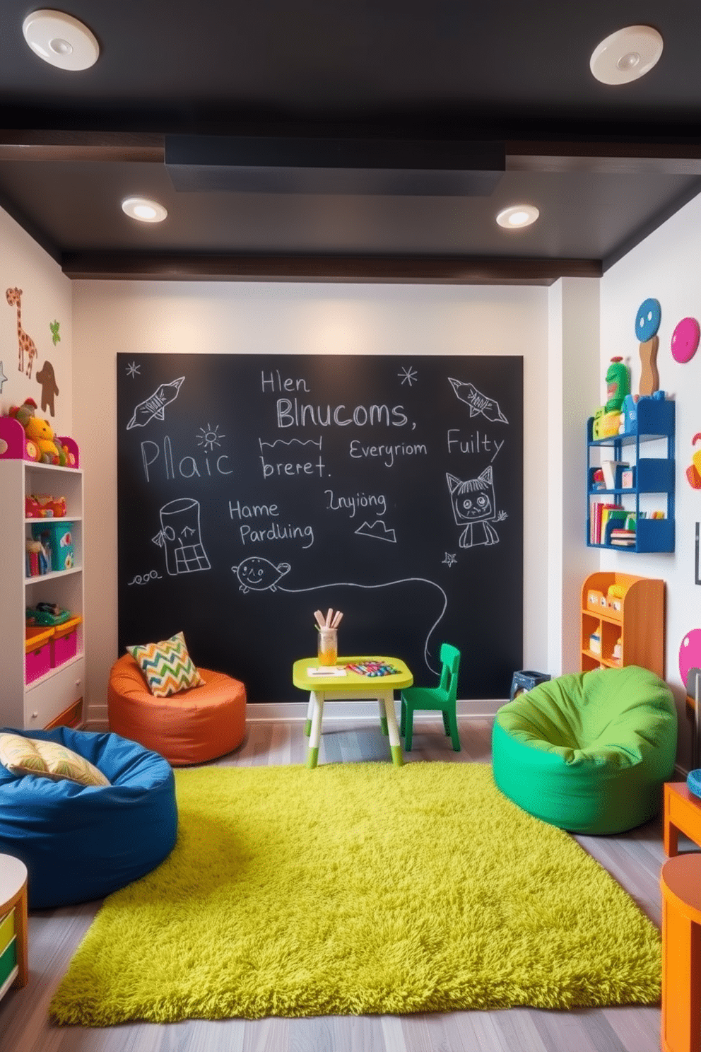 A vibrant playroom featuring a chalkboard wall that encourages creativity and artistic expression. The room is filled with colorful furniture, including a soft green rug, bean bags, and a small table for art activities. The walls are painted in a light, cheerful color, complementing the chalkboard's dark surface. Playful decorations, such as whimsical wall decals and shelves filled with toys, add to the inviting atmosphere.