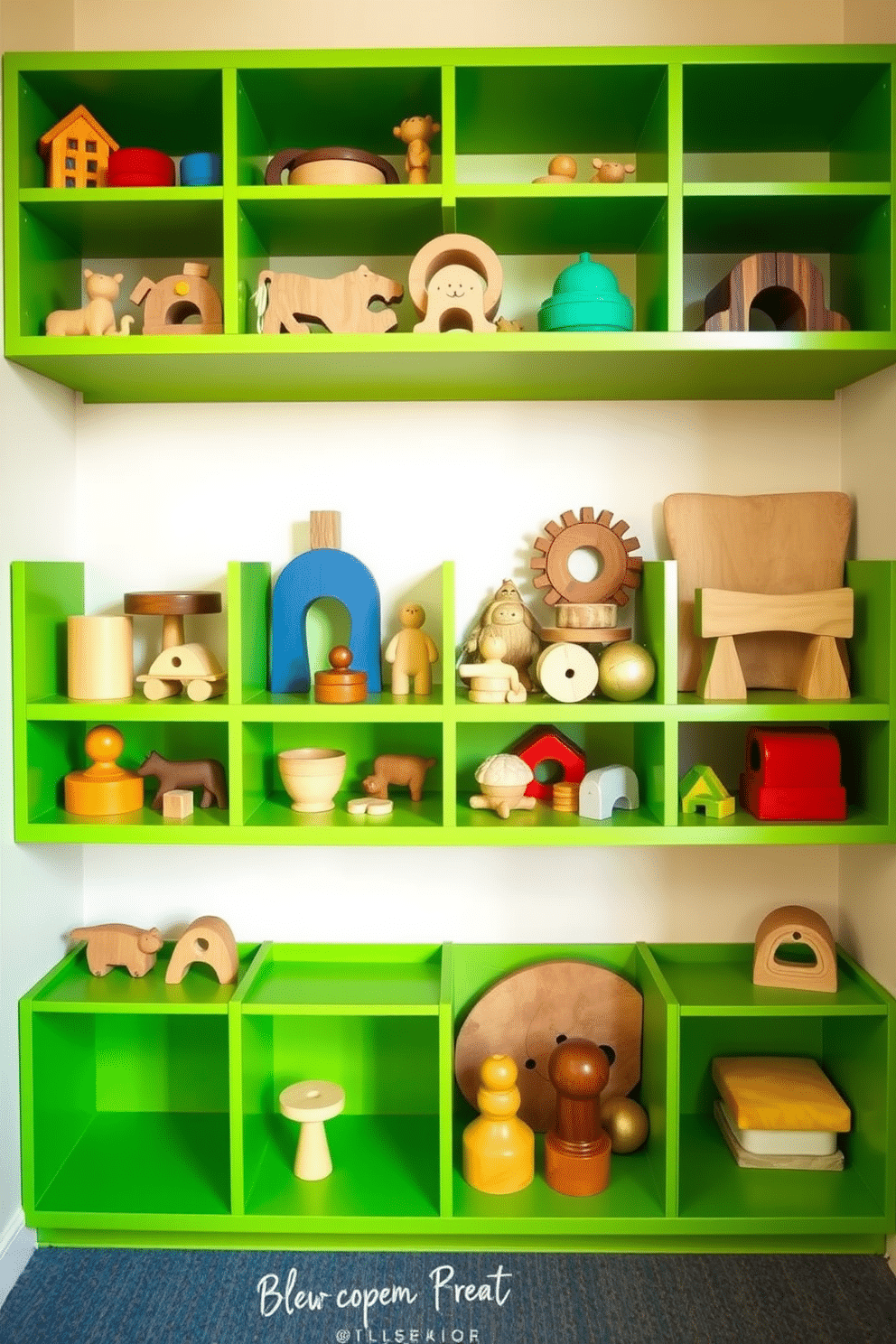 A playful playroom featuring vibrant green shelves filled with an assortment of wooden toys, showcasing a variety of shapes and colors. The walls are painted in a soft pastel hue, creating a warm and inviting atmosphere for children to explore and play.