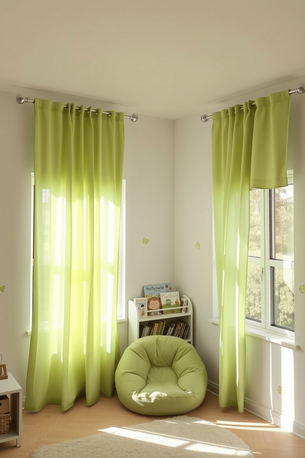 A playful playroom filled with natural light. Soft green curtains frame the windows, creating a calming atmosphere while allowing sunlight to filter through. The walls are painted in a light pastel shade, adorned with whimsical wall decals. A cozy reading nook features a plush bean bag chair and a small bookshelf filled with colorful children's books.