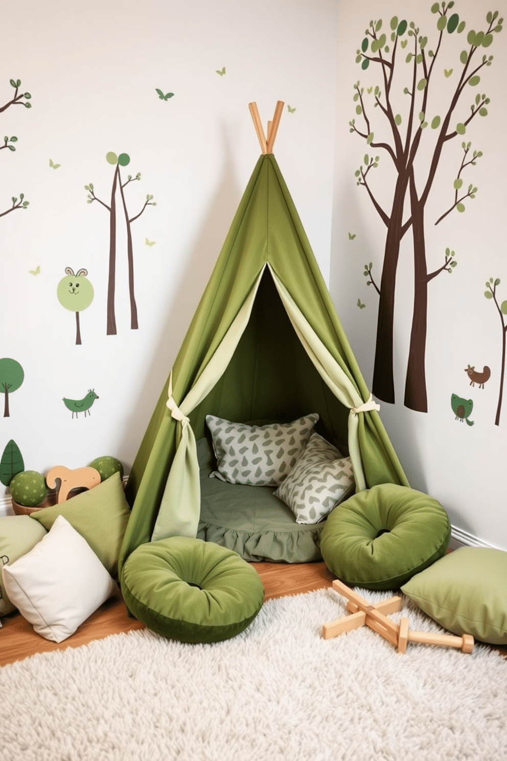 A cozy playroom features a moss green play tent nestled in a corner, inviting children to explore their imagination. Surrounding the tent, soft floor cushions in various shades of green and natural wood toys create a playful and inviting atmosphere. The walls are adorned with whimsical wall decals of trees and animals, enhancing the nature-inspired theme. A plush, light-colored rug anchors the space, providing a comfortable area for play and creativity.