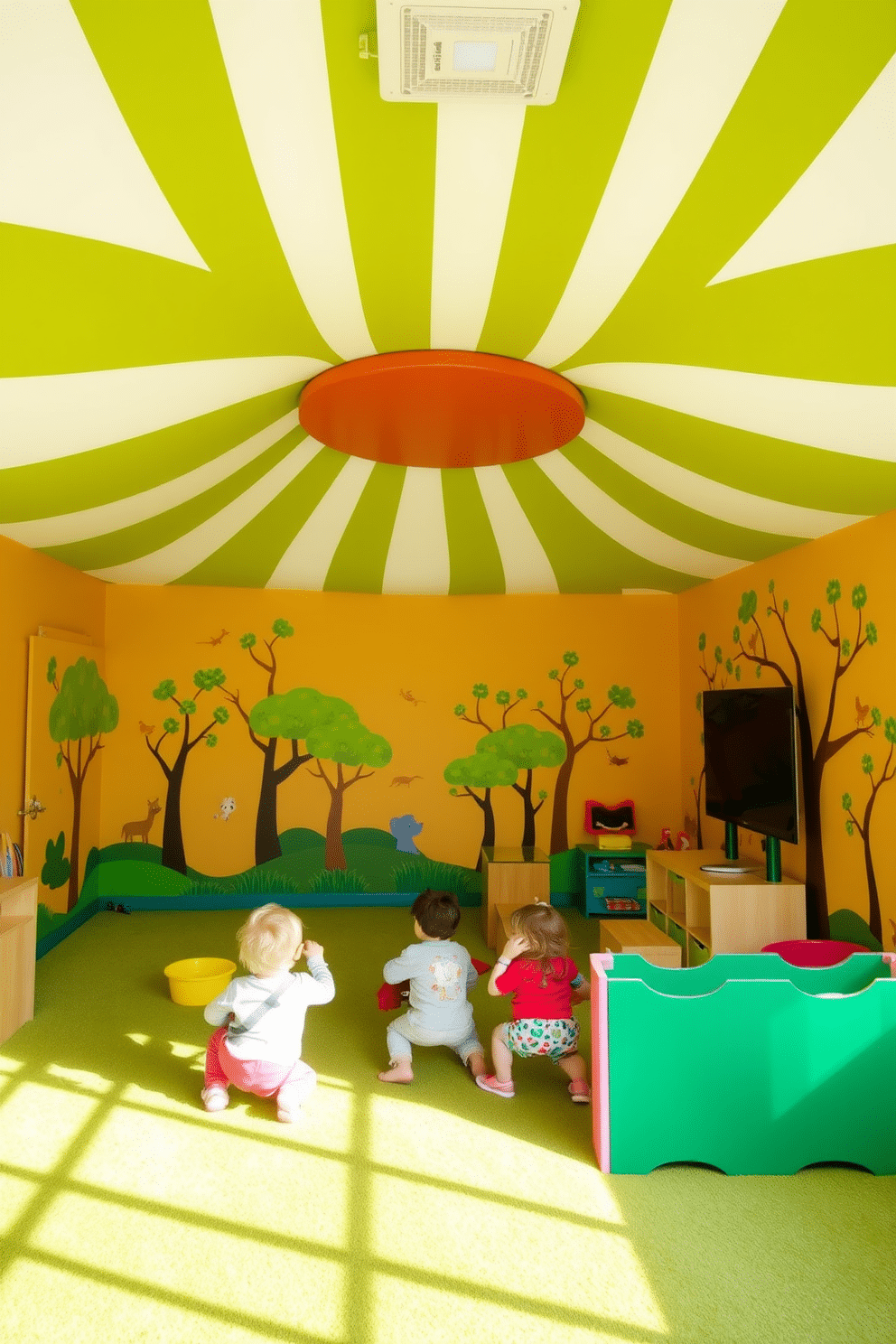 A vibrant playroom filled with energy and creativity. The ceiling features bold green and white stripes, adding a whimsical touch to the space. The walls are adorned with playful wall decals of animals and trees, creating an immersive environment. A soft green carpet covers the floor, providing a comfortable area for children to play.