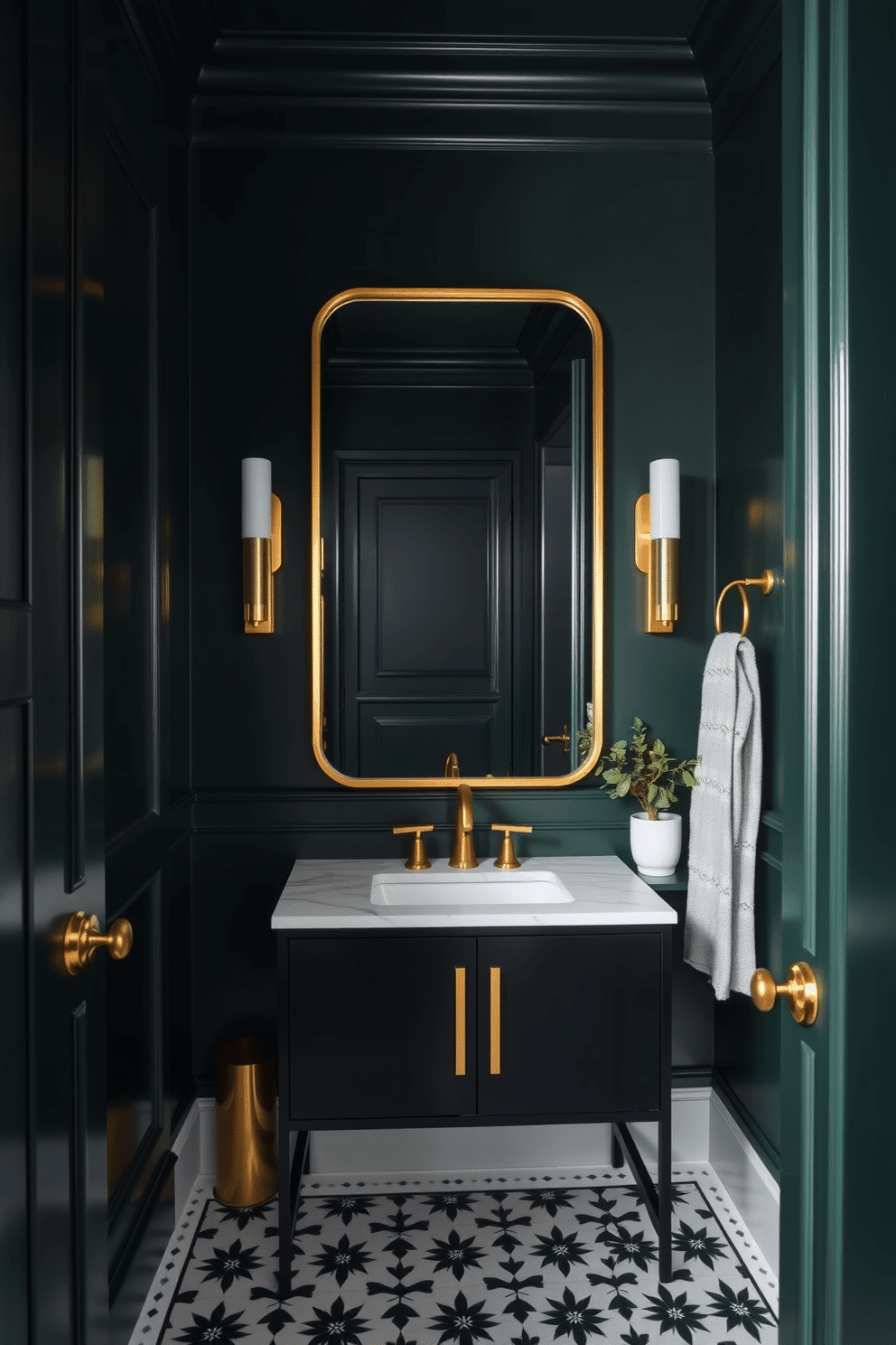 Moody dark green walls create an intimate atmosphere in the powder room, complemented by elegant gold accents throughout the space. A sleek gold-framed mirror hangs above a minimalist black vanity with a white marble countertop, enhancing the luxurious feel. The floor is adorned with intricate black and white tiles, adding a touch of classic charm. Soft lighting fixtures in gold provide a warm glow, while a small potted plant adds a natural element to the decor.