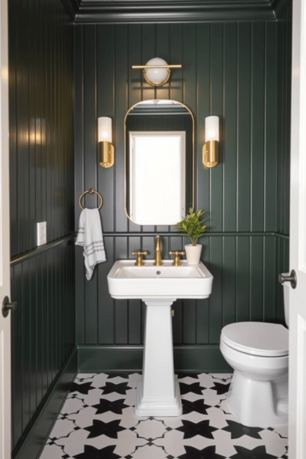 A chic powder room featuring dark green beadboard paneling that adds a rich texture to the space. The focal point is a sleek white sink with elegant gold fixtures, complemented by a minimalist mirror above it. The floor is adorned with classic black and white tiles, creating a striking contrast against the deep green walls. Soft lighting fixtures enhance the ambiance, while a small potted plant adds a touch of freshness to the design.