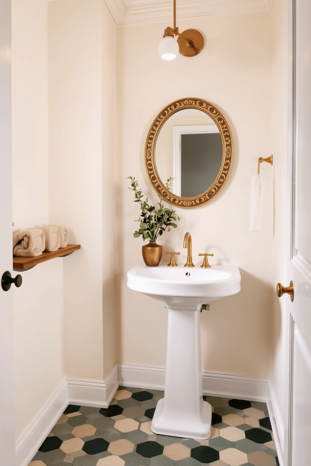 A stylish powder room features a forest green and cream penny tile floor that adds a touch of elegance. The walls are painted a soft cream color, creating a bright and inviting atmosphere. A sleek white pedestal sink is paired with a gold-finished faucet, enhancing the room's luxurious feel. Above the sink, a round mirror with a decorative gold frame reflects the tasteful design elements. To the left, a small wooden shelf holds neatly rolled beige towels and a decorative plant. Soft ambient lighting from a stylish fixture casts a warm glow, completing the serene ambiance of the space.