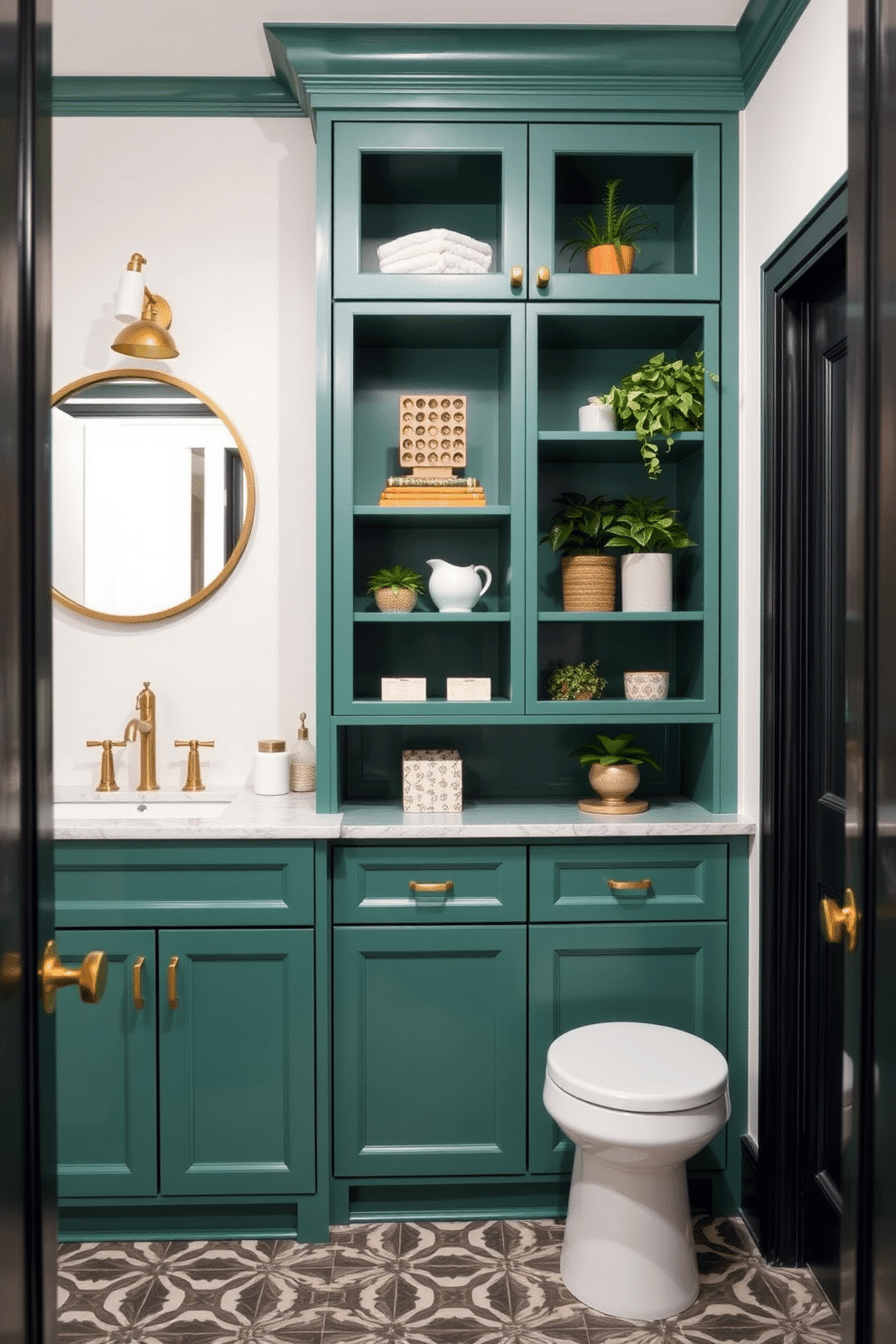 A chic powder room featuring jade green cabinetry with open shelving that showcases decorative items and plants. The walls are adorned with subtle gold accents, and the floor is covered in a stylish geometric tile pattern.