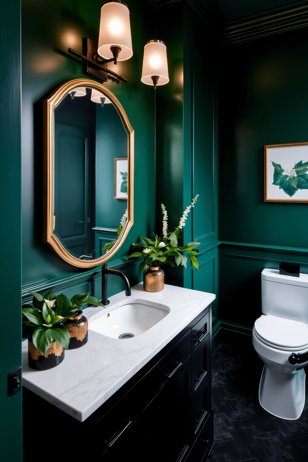 A luxurious powder room featuring rich emerald paint on the walls, creating a bold and sophisticated atmosphere. The space is accented with sleek black fixtures, including a modern sink and elegant lighting, enhancing the overall design. Incorporate a stylish black vanity with a white marble countertop, providing a striking contrast against the deep green backdrop. Add decorative elements like a gold-framed mirror and lush greenery to bring life and vibrancy to the room.