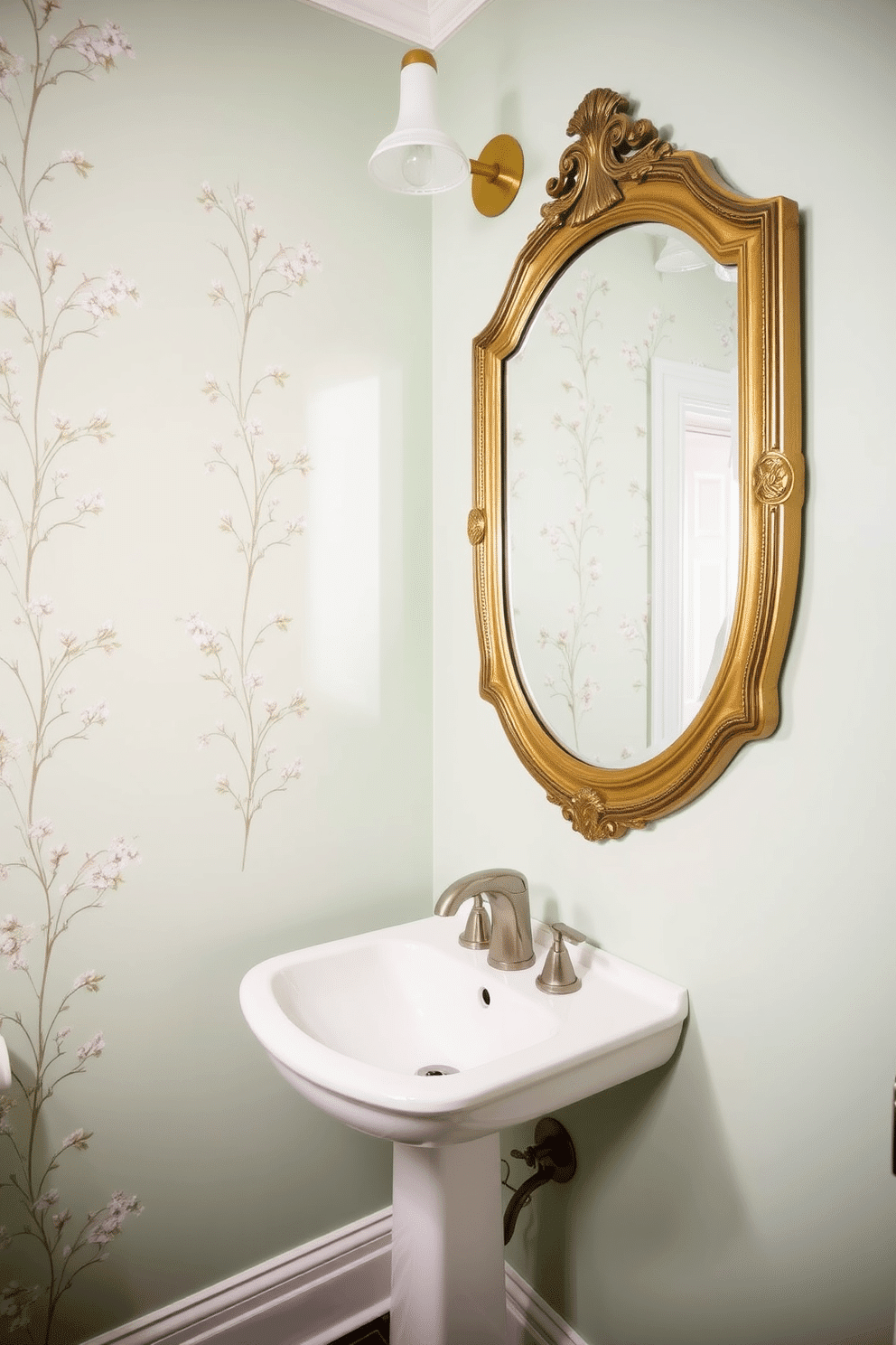 A serene powder room adorned with soft pastel green walls, complemented by delicate floral wallpaper that adds a touch of elegance. The space features a sleek white pedestal sink, framed by a vintage-style mirror with a brushed gold finish, creating a harmonious blend of modern and classic design elements.