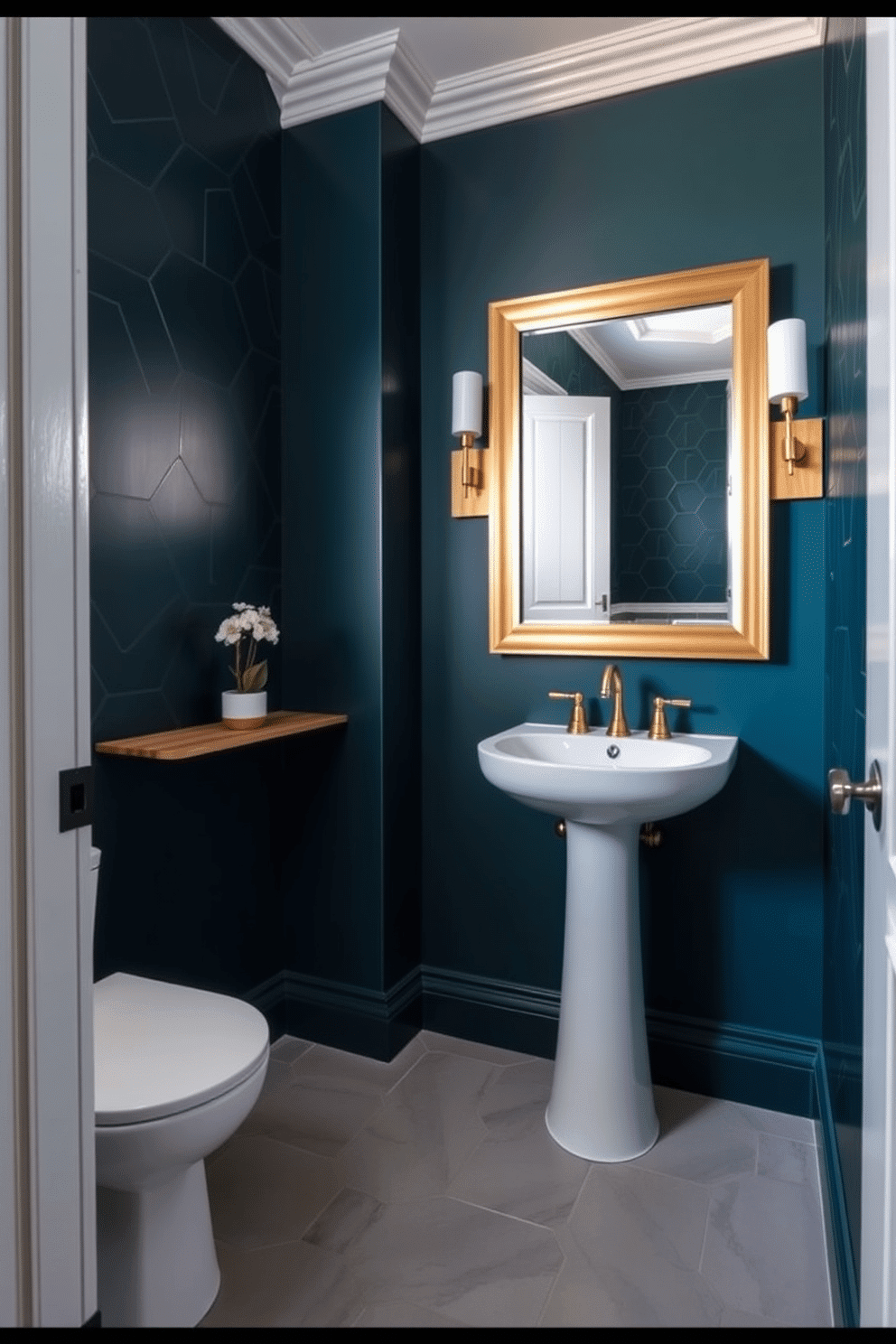 A chic powder room featuring deep teal walls adorned with striking geometric patterns. The space includes a sleek pedestal sink and a modern mirror framed in brushed gold, complemented by stylish wall sconces on either side. The floor is covered in a light gray tile, providing a beautiful contrast to the rich wall color. A small potted plant sits on a minimalist shelf, adding a touch of greenery to the sophisticated design.