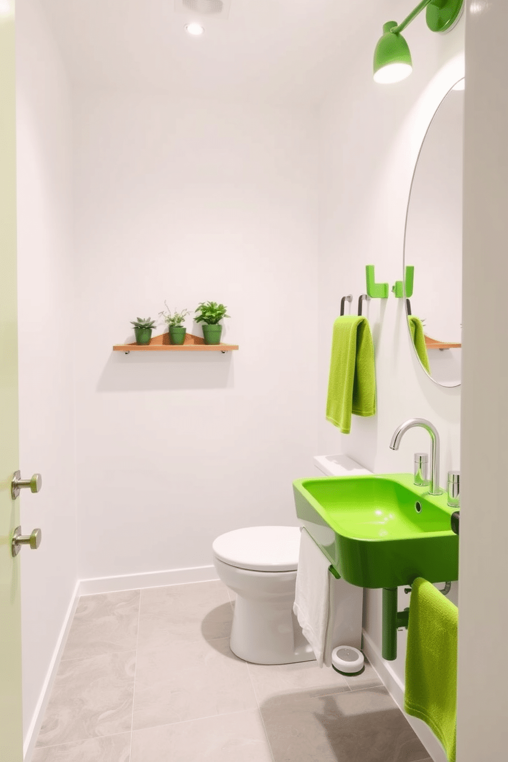 A minimalist powder room featuring bright green accents. The walls are painted in a soft white, while the fixtures and accessories incorporate vibrant green elements, such as a sleek green sink and matching towel holders. The floor is adorned with light gray tiles that contrast beautifully with the bold color accents. A simple wooden shelf displays a few potted plants, enhancing the fresh and airy feel of the space.