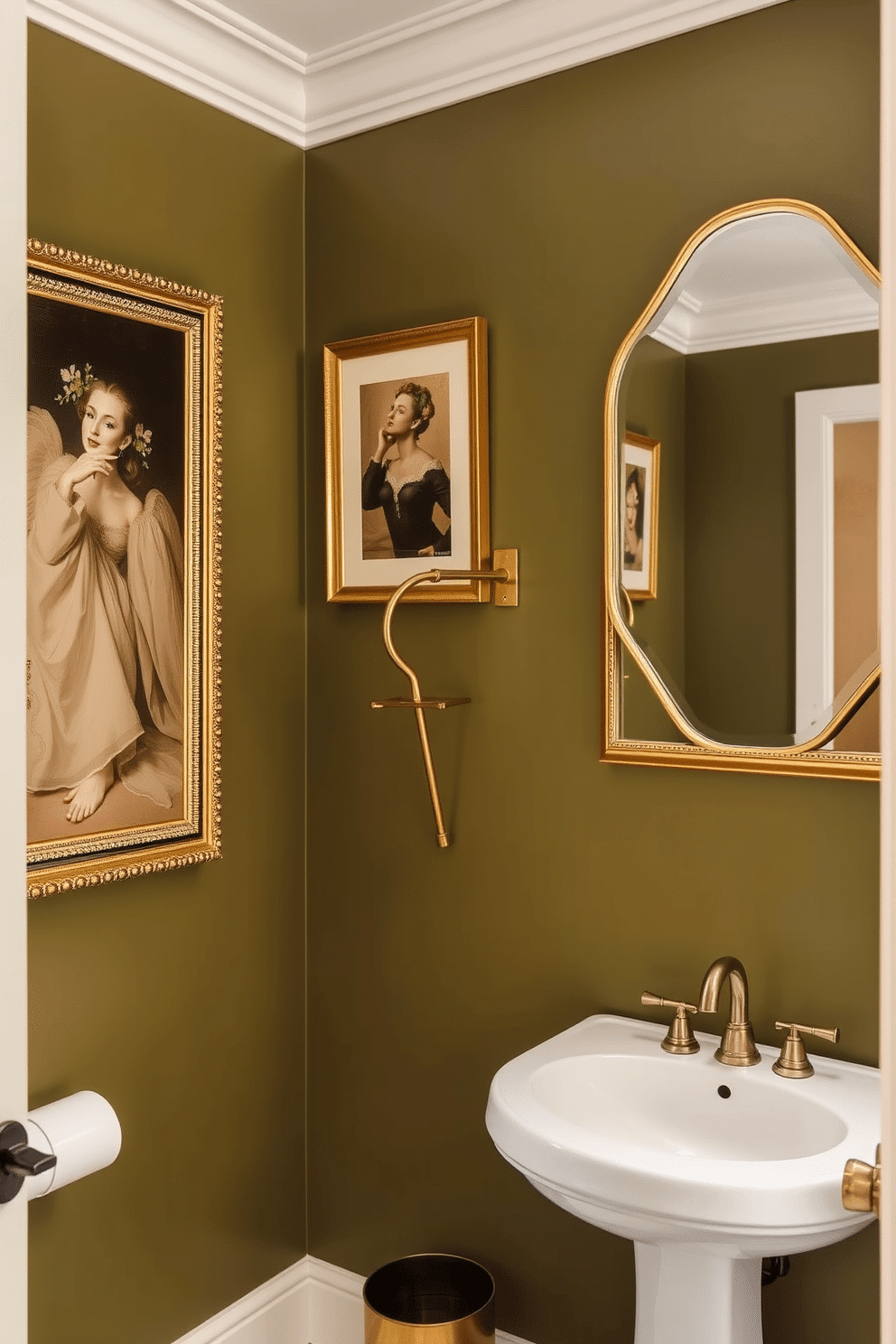 A chic powder room featuring olive green walls adorned with gold-framed artwork that adds a touch of elegance. The space includes a sleek white pedestal sink and a stylish gold mirror that complements the artwork, creating a cohesive and luxurious atmosphere.