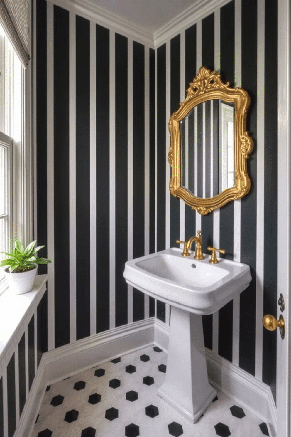 A chic powder room featuring dark green and white striped wallpaper that adds a bold yet elegant touch to the space. The room is complemented by a sleek white pedestal sink and a vintage-style mirror framed in brushed gold, enhancing the overall sophistication. The floor is adorned with black and white hexagonal tiles, providing a classic contrast to the striped walls. To complete the look, a small potted plant sits on the windowsill, bringing a refreshing touch of nature into the design.