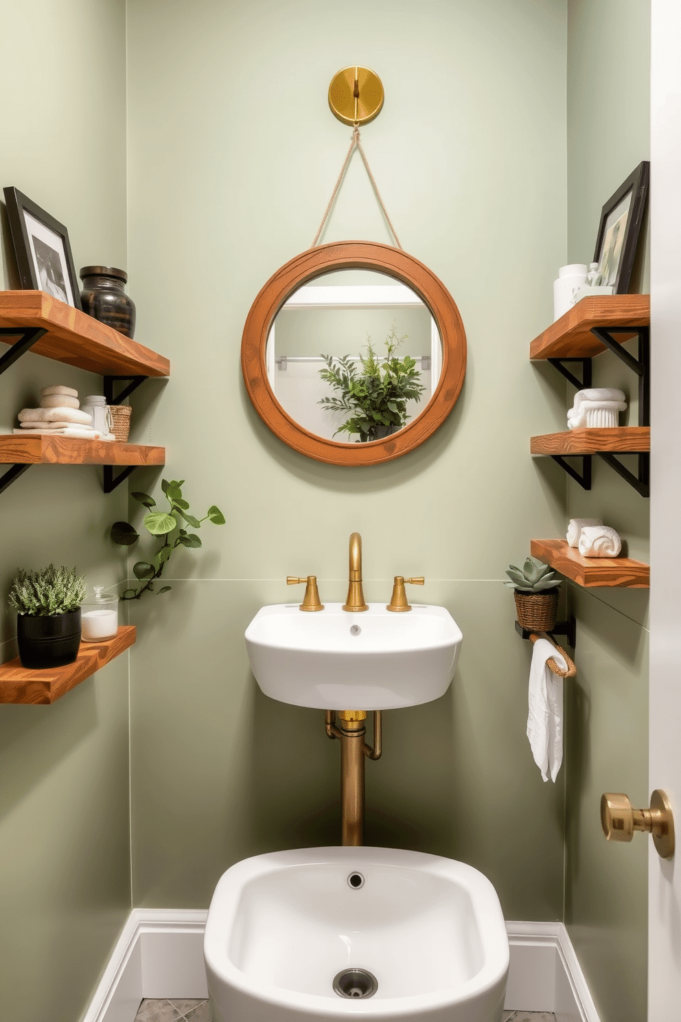 A chic powder room features sage green walls that create a serene atmosphere. Reclaimed wood shelves line the walls, displaying carefully curated decor items and plants for a touch of nature. The sleek sink is set against the backdrop of the sage green, complemented by brass fixtures that add warmth. A round mirror with a rustic wooden frame hangs above the sink, enhancing the room's inviting charm.