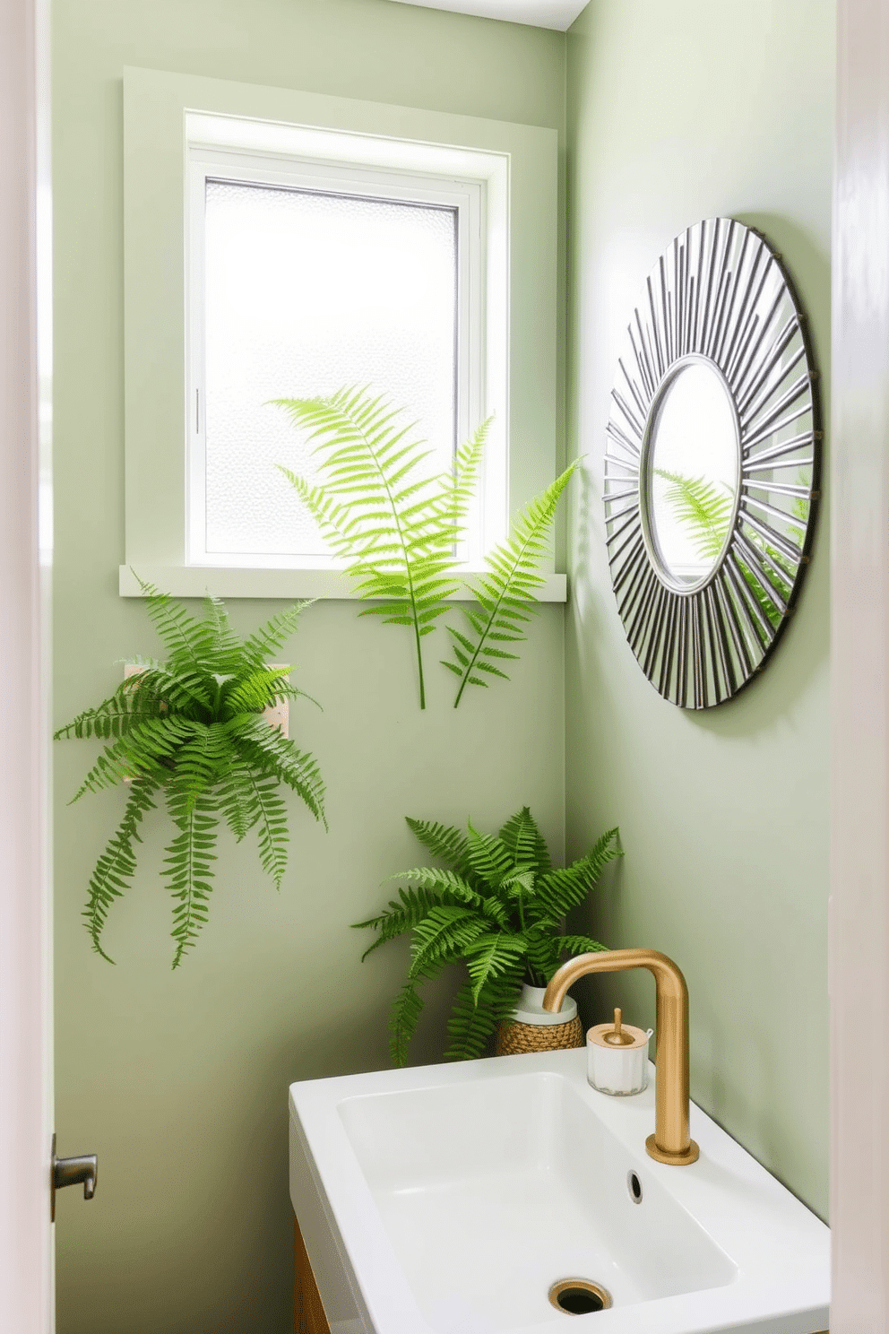 A chic powder room featuring lush fern plants that bring a natural touch to the space. The walls are painted in a soft green hue, creating a serene backdrop for the vibrant foliage. The centerpiece is a sleek, modern sink with a brushed gold faucet, complemented by a minimalist wooden vanity. Natural light filters through a frosted window, enhancing the tranquil atmosphere while a decorative mirror adds depth to the design.