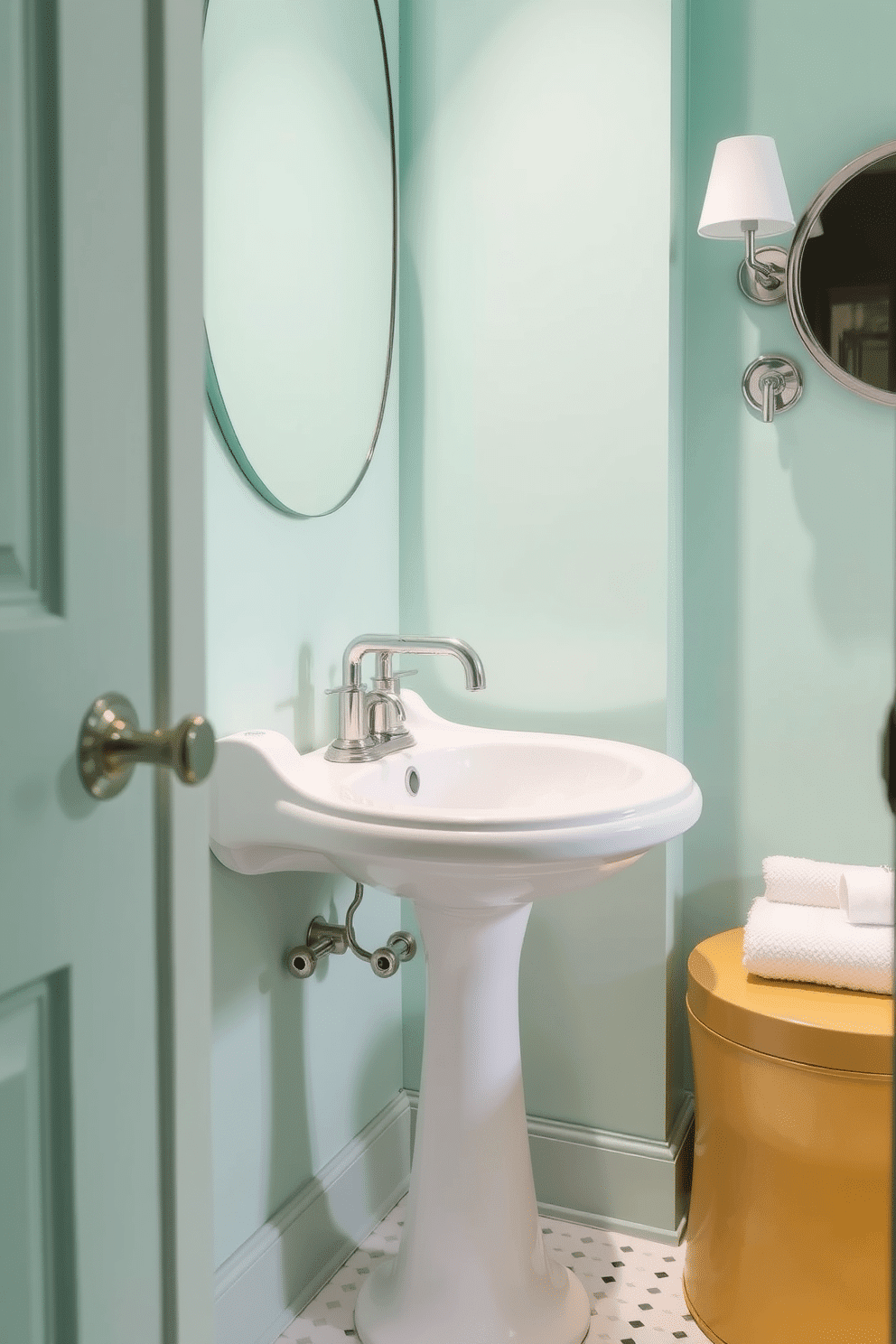 Bright mint accents create a refreshing atmosphere in a chic powder room, featuring sleek silver hardware that complements the vibrant color. The walls are adorned with a soft mint hue, while a stylish pedestal sink showcases a modern faucet, adding an elegant touch to the space.