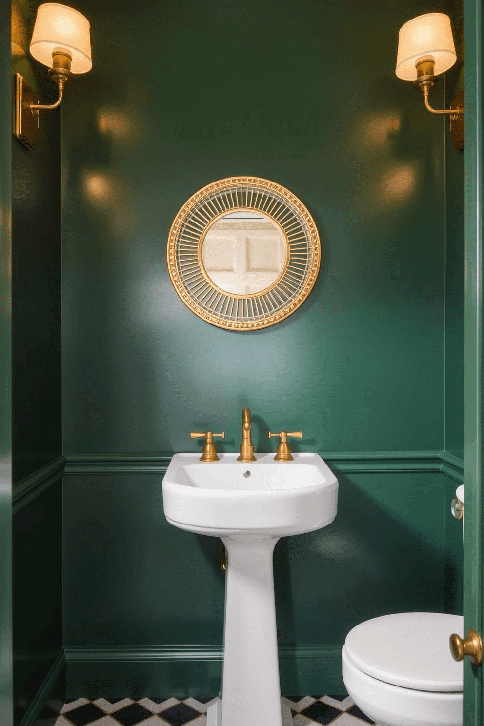 A chic powder room featuring forest green walls that create a rich, inviting atmosphere. The space is illuminated by warm lighting fixtures, casting a soft glow that enhances the elegance of the design. A sleek white pedestal sink is centered against the dark backdrop, complemented by brass fixtures that add a touch of sophistication. A round mirror with a decorative gold frame hangs above the sink, reflecting the stylish ambiance of the room.