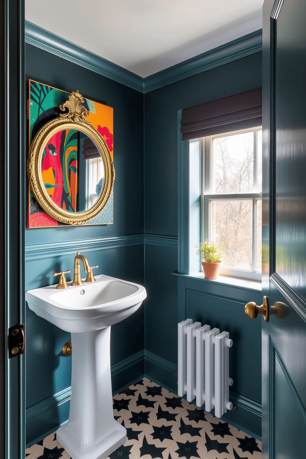 A moody teal powder room features vibrant, colorful artwork that adds a striking contrast to the deep wall color. The space includes a sleek white pedestal sink and a small round mirror with an ornate gold frame, enhancing the room's elegance. The floor is adorned with geometric black and white tiles, providing a modern touch. A small potted plant sits on the windowsill, bringing a hint of nature into the chic, intimate setting.