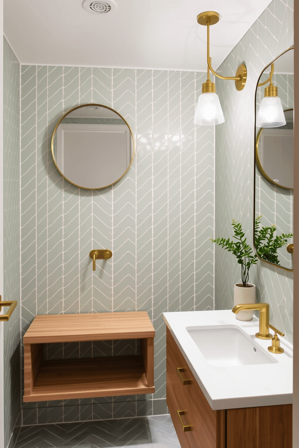 A stylish powder room featuring pale green tiles arranged in a herringbone pattern, creating a visually striking backdrop. The space is accented with sleek, modern fixtures, including a minimalist sink and elegant brass hardware that complement the soothing color palette. To enhance the ambiance, incorporate a floating vanity made of light wood, topped with a white quartz countertop. Soft, ambient lighting fixtures illuminate the room, while a small potted plant adds a touch of nature to the design.