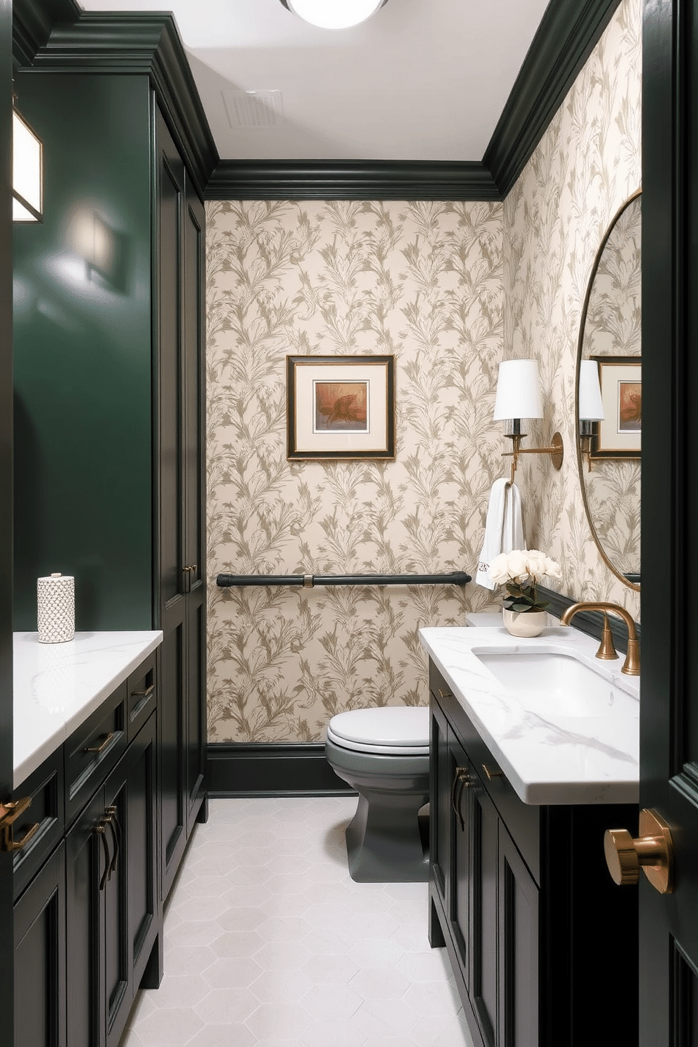 A stylish powder room featuring dark green cabinetry that contrasts beautifully with light, airy countertops. The walls are adorned with elegant wallpaper, and the floor is laid with classic hexagonal tiles for a touch of sophistication.