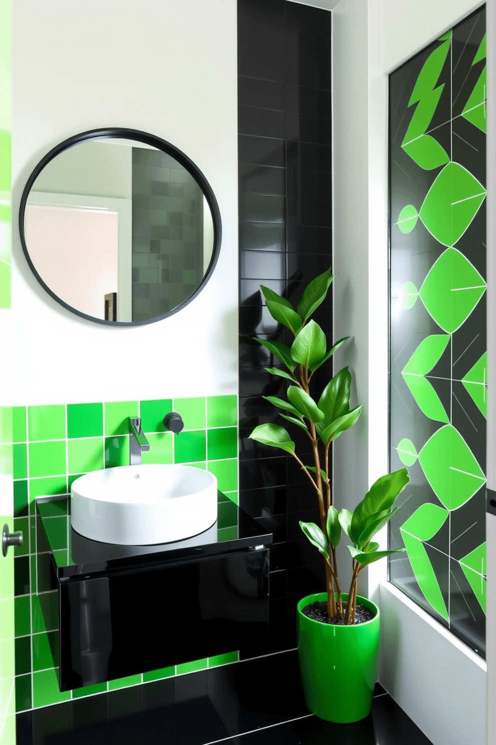 Bright green accents pop against the sleek black tiles in a modern powder room. A floating vanity with a glossy black finish features a round vessel sink, while a large round mirror framed in matte black reflects the vibrant hues. The walls are painted a soft white to enhance the brightness, with one accent wall showcasing a bold geometric pattern in green and black. Stylish greenery, such as a tall potted plant, adds a refreshing touch, complementing the overall design.